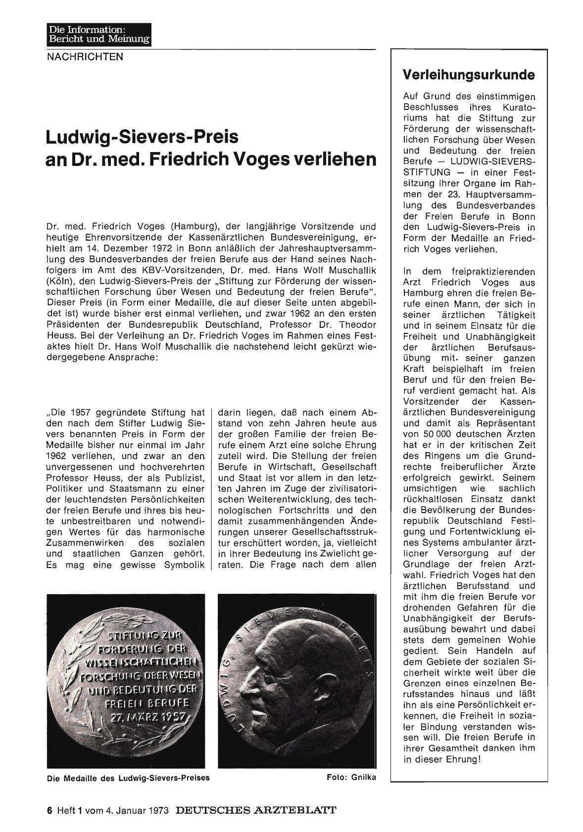 Vorschauseite 1: Ludwig-Sievers-Preis an Dr. med. Friedrich Voges verliehen