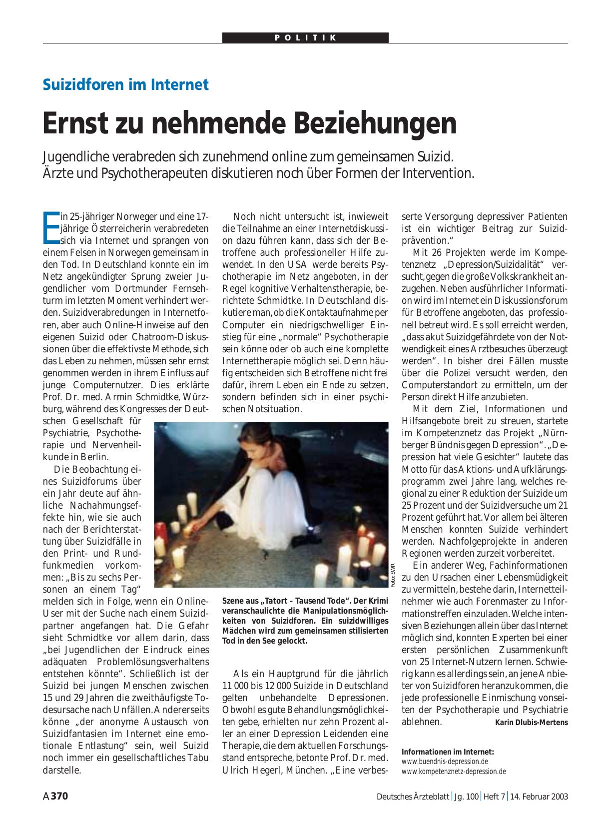 Vorschauseite 1: Suizidforen im Internet: Ernst zu nehmende Beziehungen