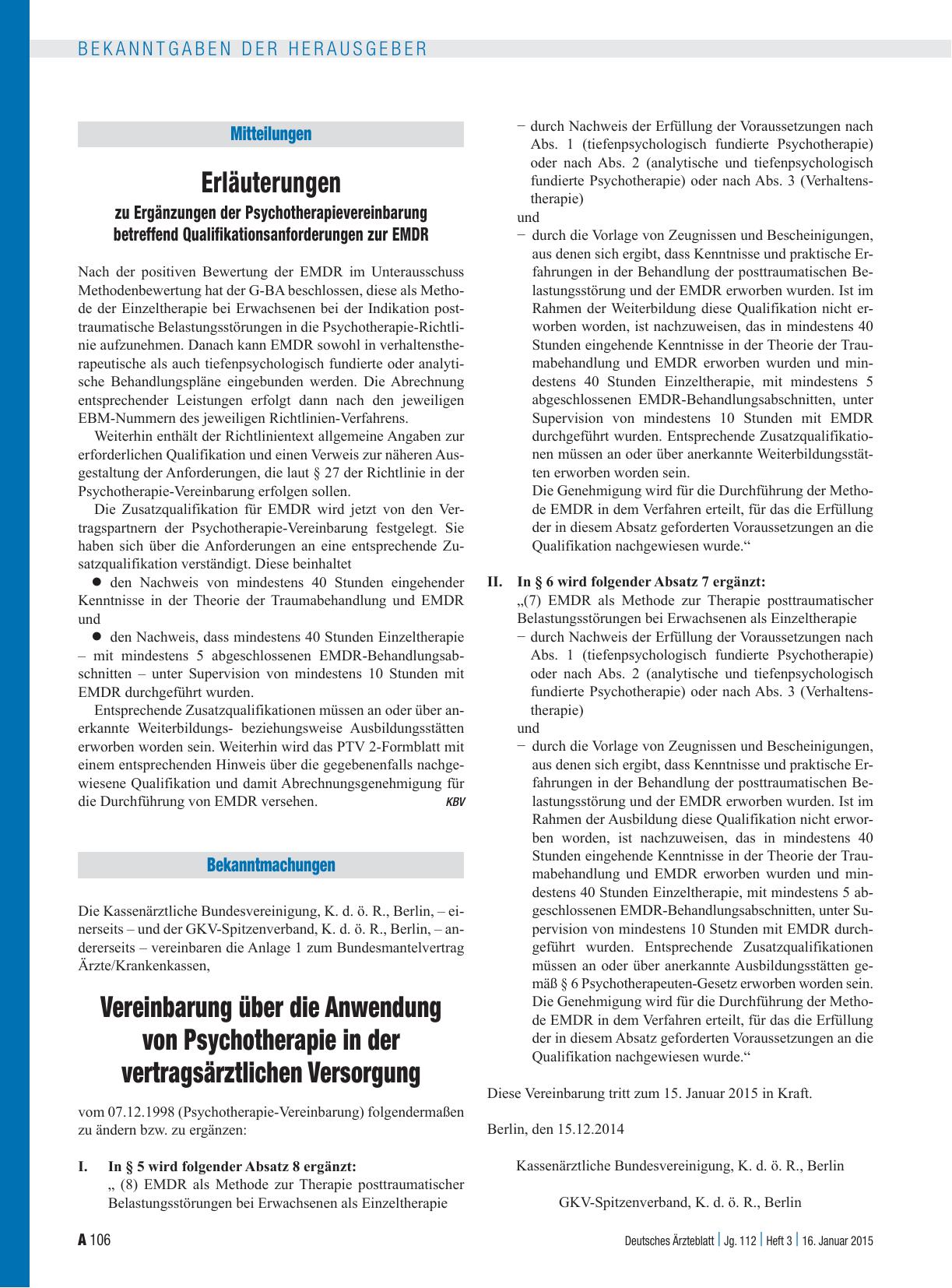 Vorschauseite 1: Erläuterungen zu Ergänzungen der Psychotherapievereinbarung betreffend Qualifikationsanforderungen zur EMDR / Vereinbarung über die Anwendung von Psychotherapie in der vertragsärz…