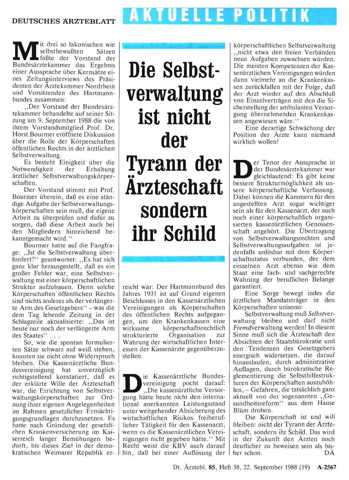 Vorschauseite 1: Die Selbstverwaltung ist nicht der Tyrann der Ärzteschaft sondern ihr Schild