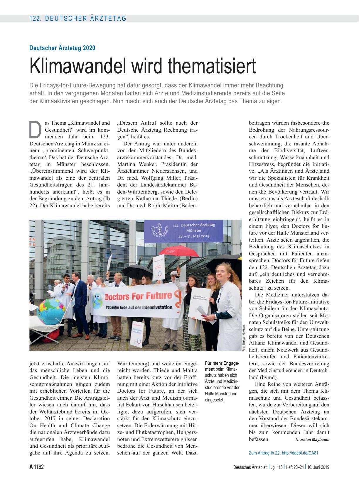 Vorschauseite 1: Deutscher Ärztetag 2020: Klimawandel wird thematisiert