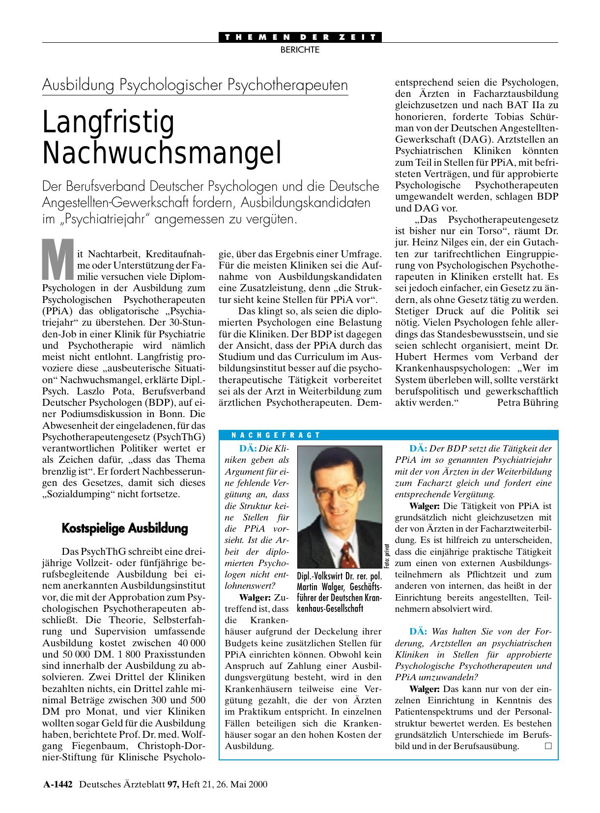 Vorschauseite 1: Ausbildung Psychologischer Psychotherapeuten: Langfristig Nachwuchsmangel