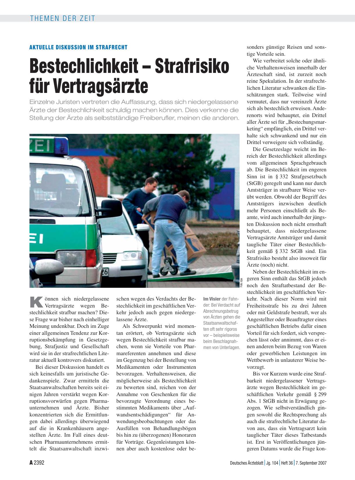 Vorschauseite 1: Aktuelle Diskussion im Strafrecht: Bestechlichkeit – Strafrisiko für Vertragsärzte
