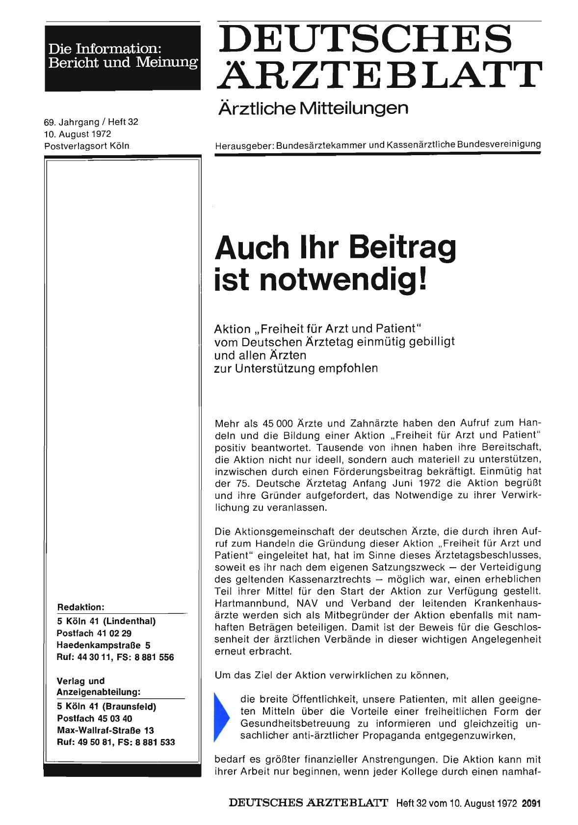 Vorschauseite 1: Auch Ihr Beitrag ist notwendig! Aktion „Freiheit für Arzt und Patient" vom Deutschen Ärztetag einmütig gebilligt und allen Ärzten zur Unterstützung empfohlen