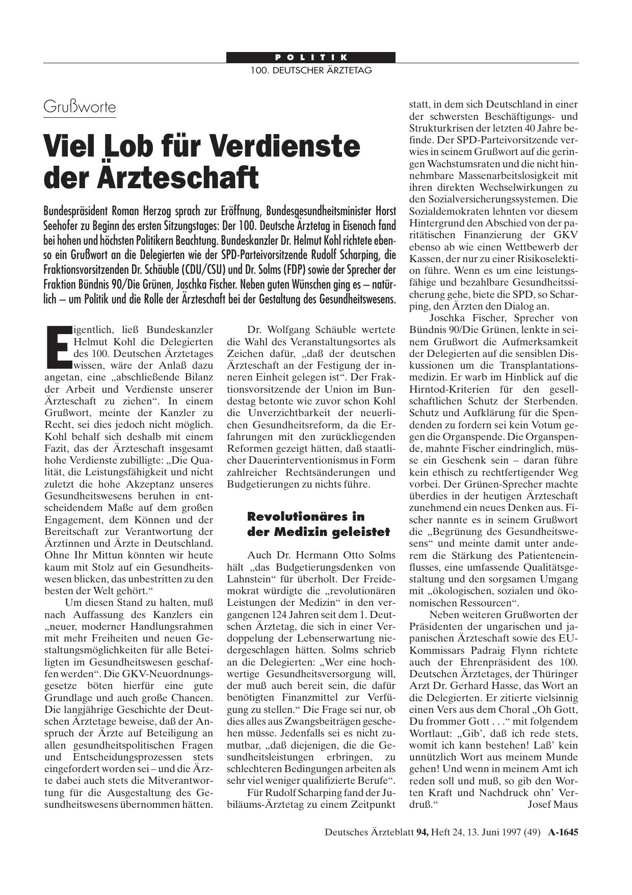 Vorschauseite 1: Grußworte: Viel Lob für Verdienste der Ärzteschaft