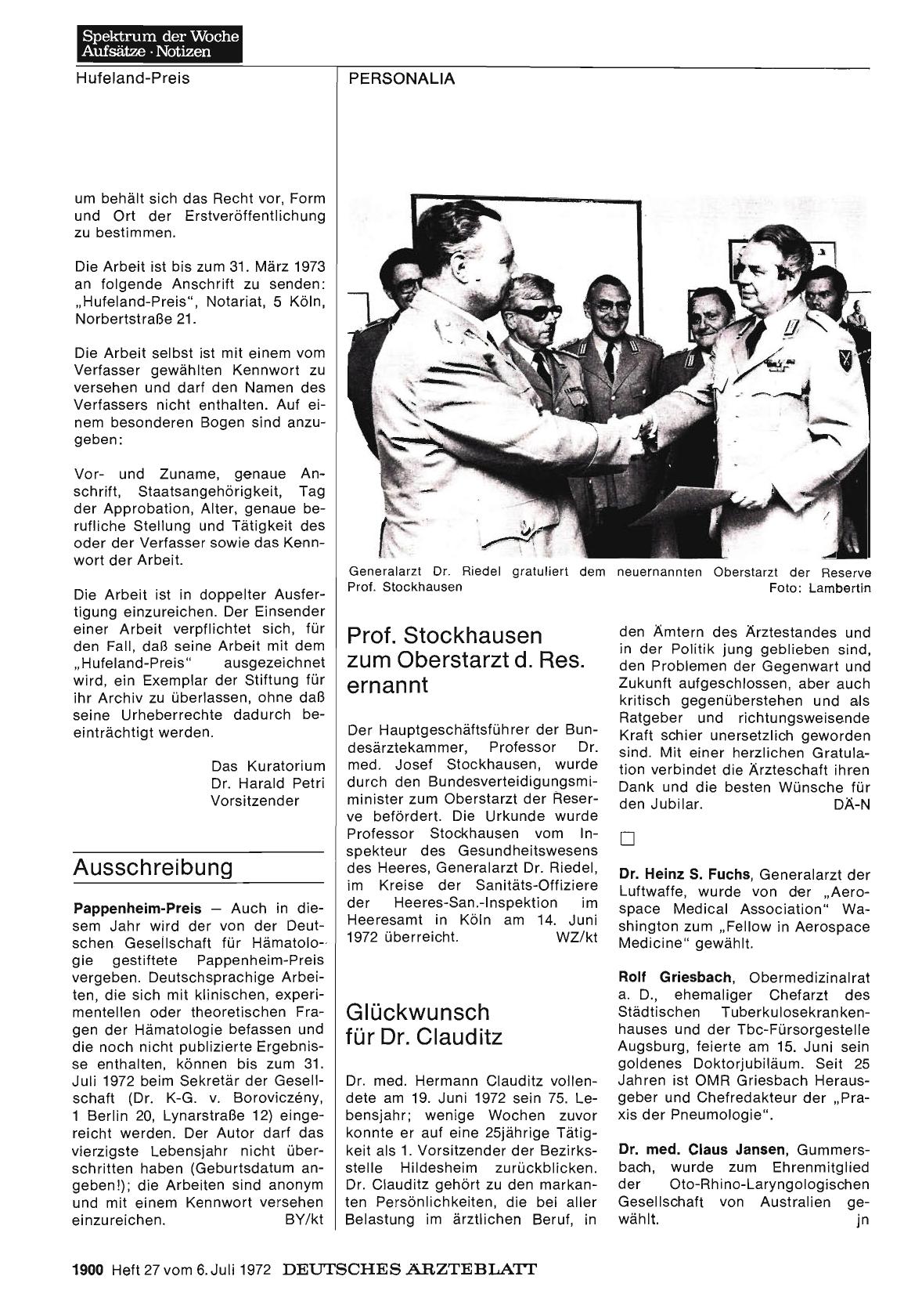 Vorschauseite 1: Prof. Stockhausen zum Oberstarzt d. Res. ernannt