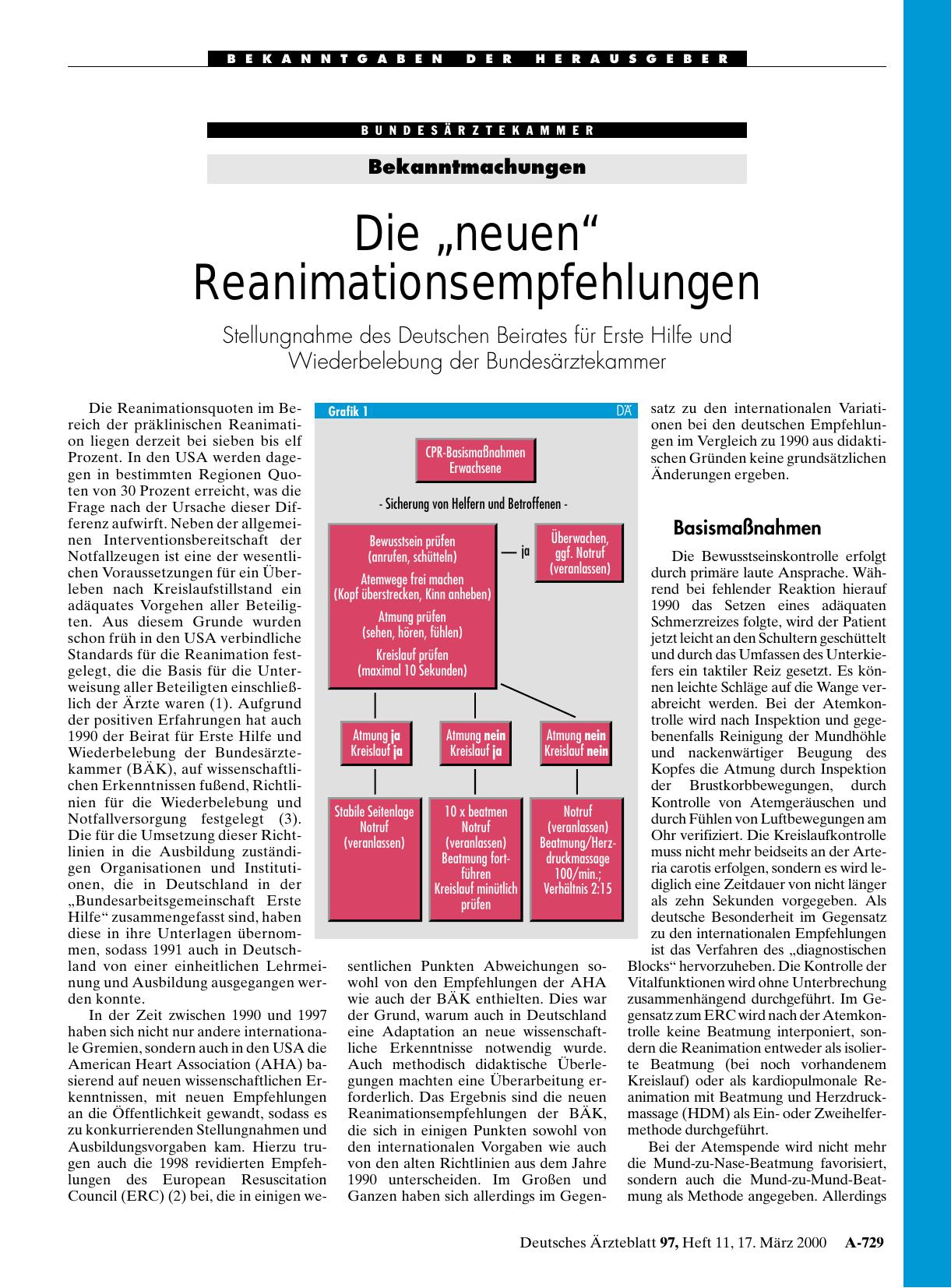 Vorschauseite 1: Die „neuen“ Reanimationsempfehlungen: Stellungnahme des Deutschen Beirates für Erste Hilfe und Wiederbelebung der Bundesärztekammer