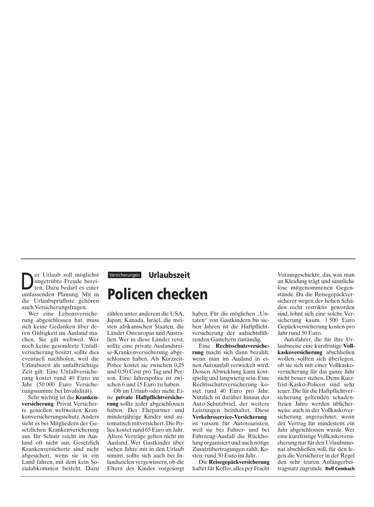 Vorschauseite 1: Urlaubszeit: Policen checken