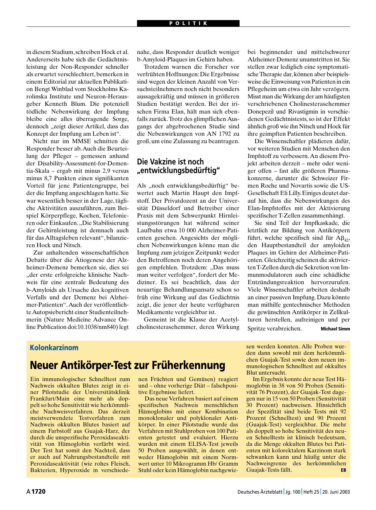 Vorschauseite 1: Kolonkarzinom: Neuer Antikörper-Test zur Früherkennung