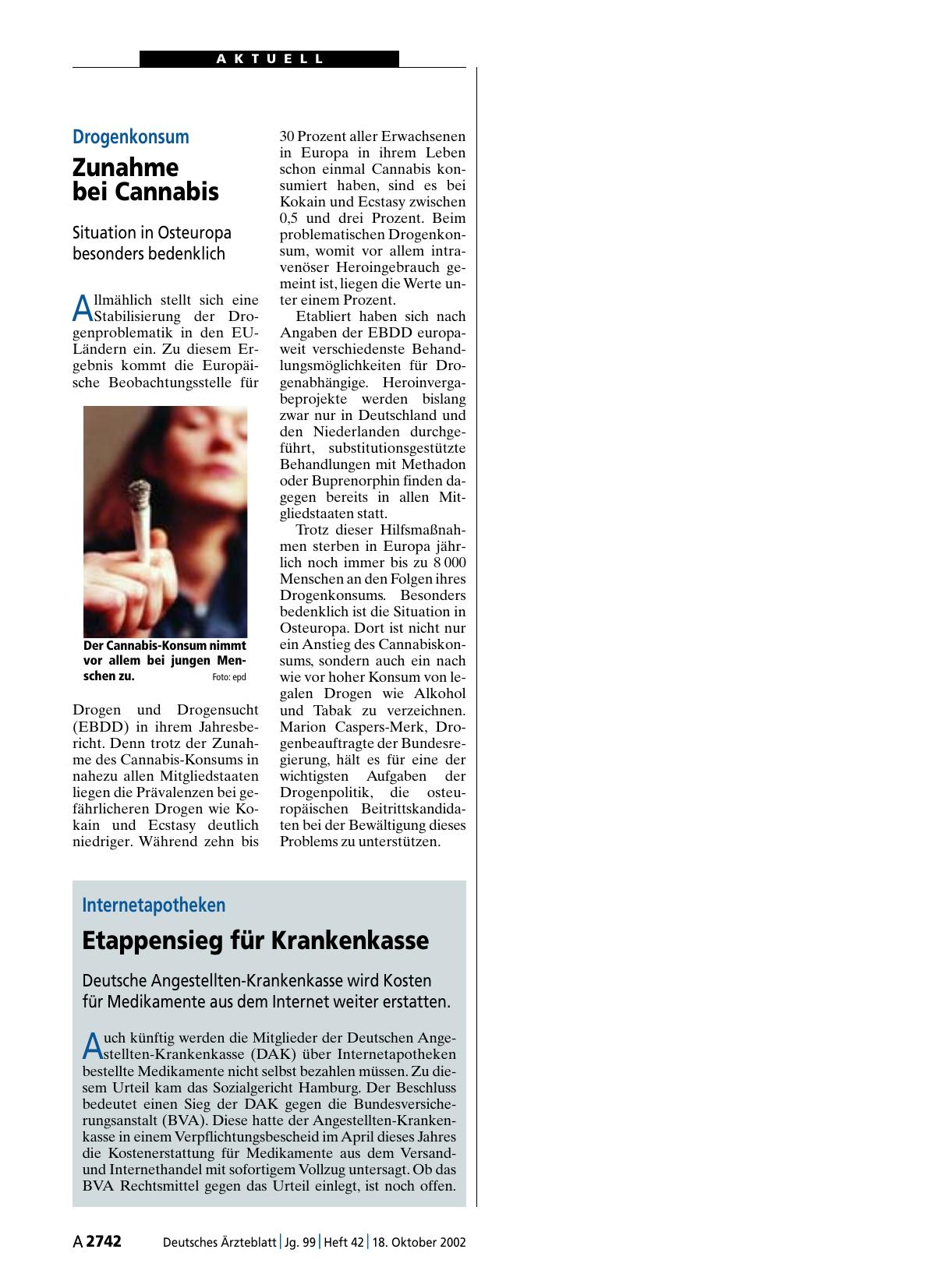 Vorschauseite 1: Drogenkonsum: Zunahme bei Cannabis