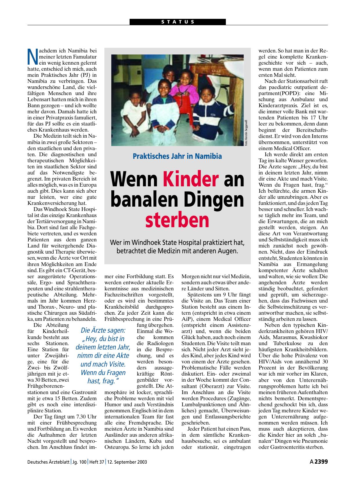 Vorschauseite 1: Praktisches Jahr in Namibia: Wenn Kinder an banalen Dingen sterben