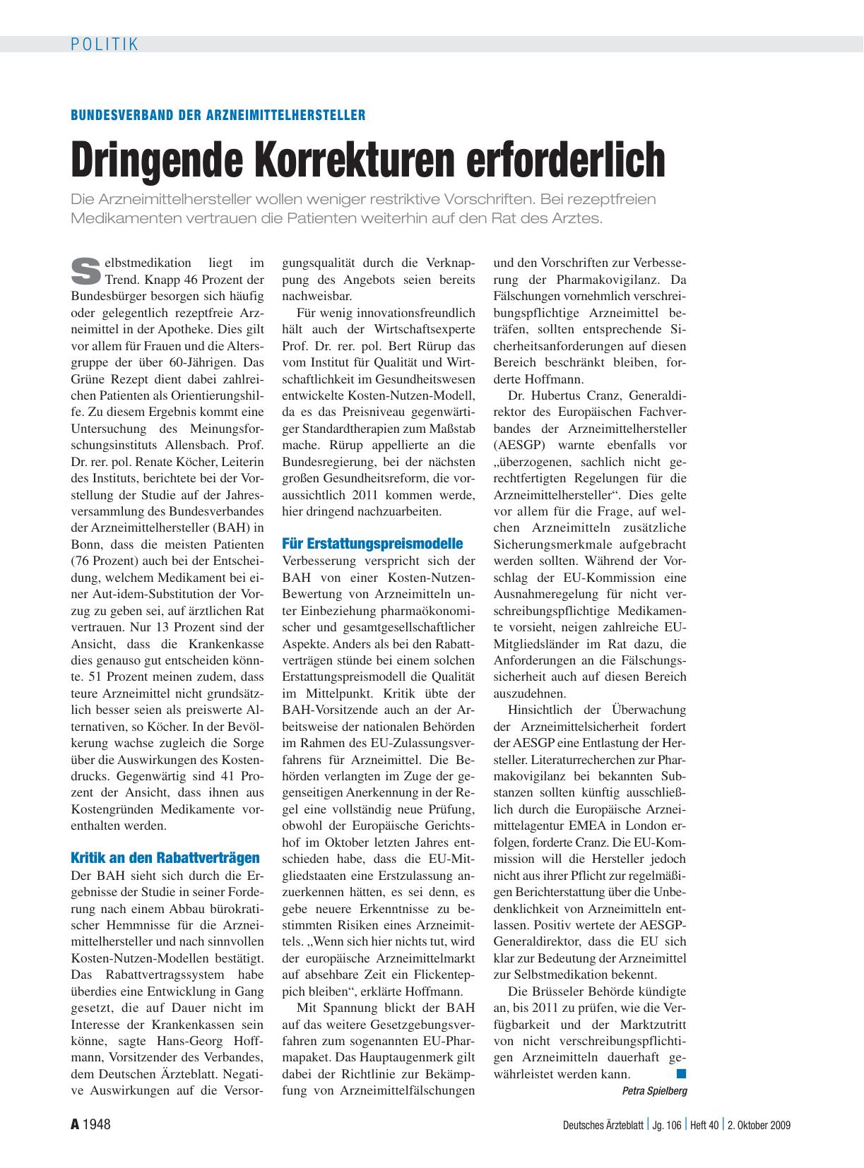Vorschauseite 1: Bundesverband der Arzneimittelhersteller: Dringende Korrekturen erforderlich