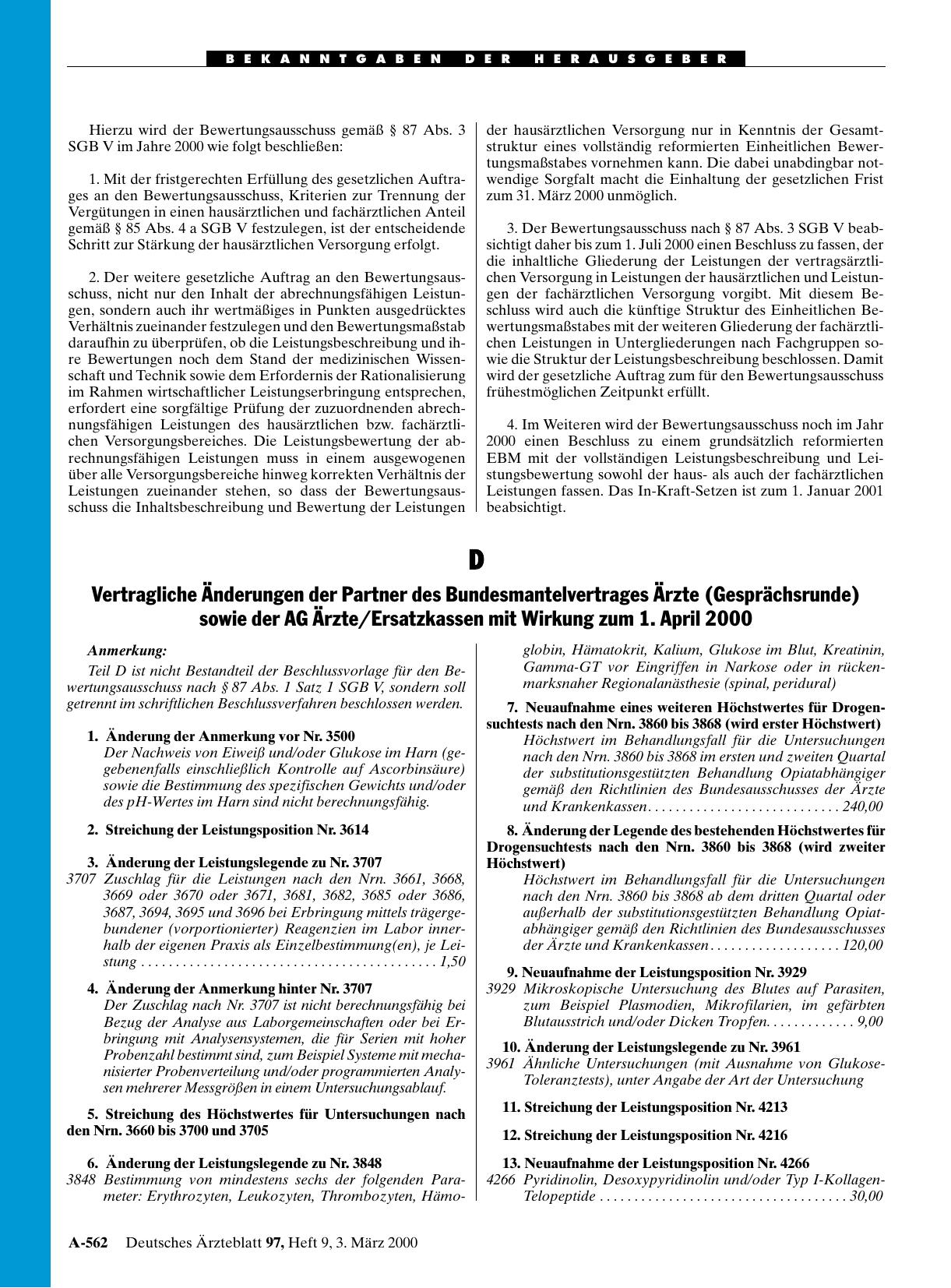 Vorschauseite 1: D Vertragliche Änderungen der Partner des Bundesmantelvertrages Ärzte (Gesprächsrunde) sowie der AG Ärzte/Ersatzkassen mit Wirkung zum 1. April 2000