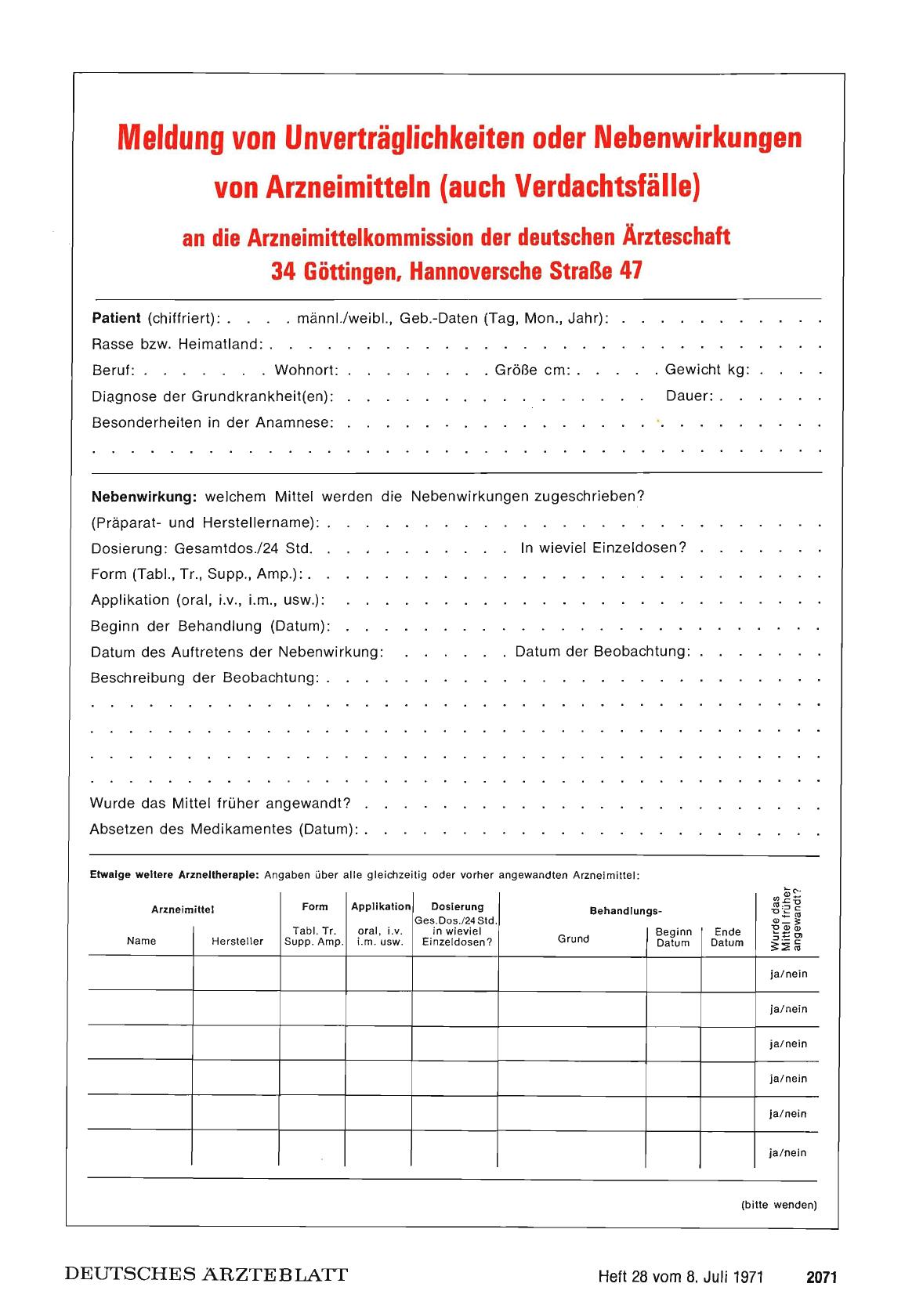 Vorschauseite 1: Meldung von Unverträglichkeiten oder Nebenwirkungen von Arzneimitteln