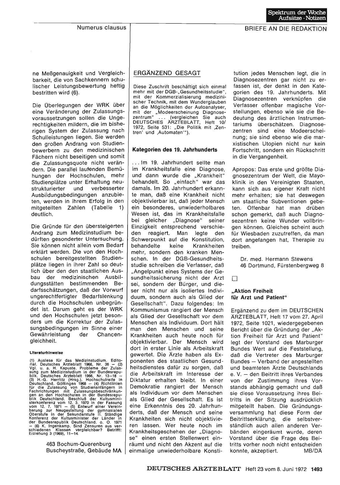 Vorschauseite 1: Ergänzend gesagt: "Aktion Freiheit für Arzt und Patient”