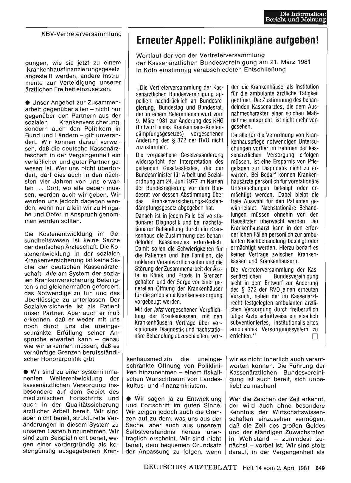Vorschauseite 1: Erneuter Appell: Poliklinikpläne aufgeben!