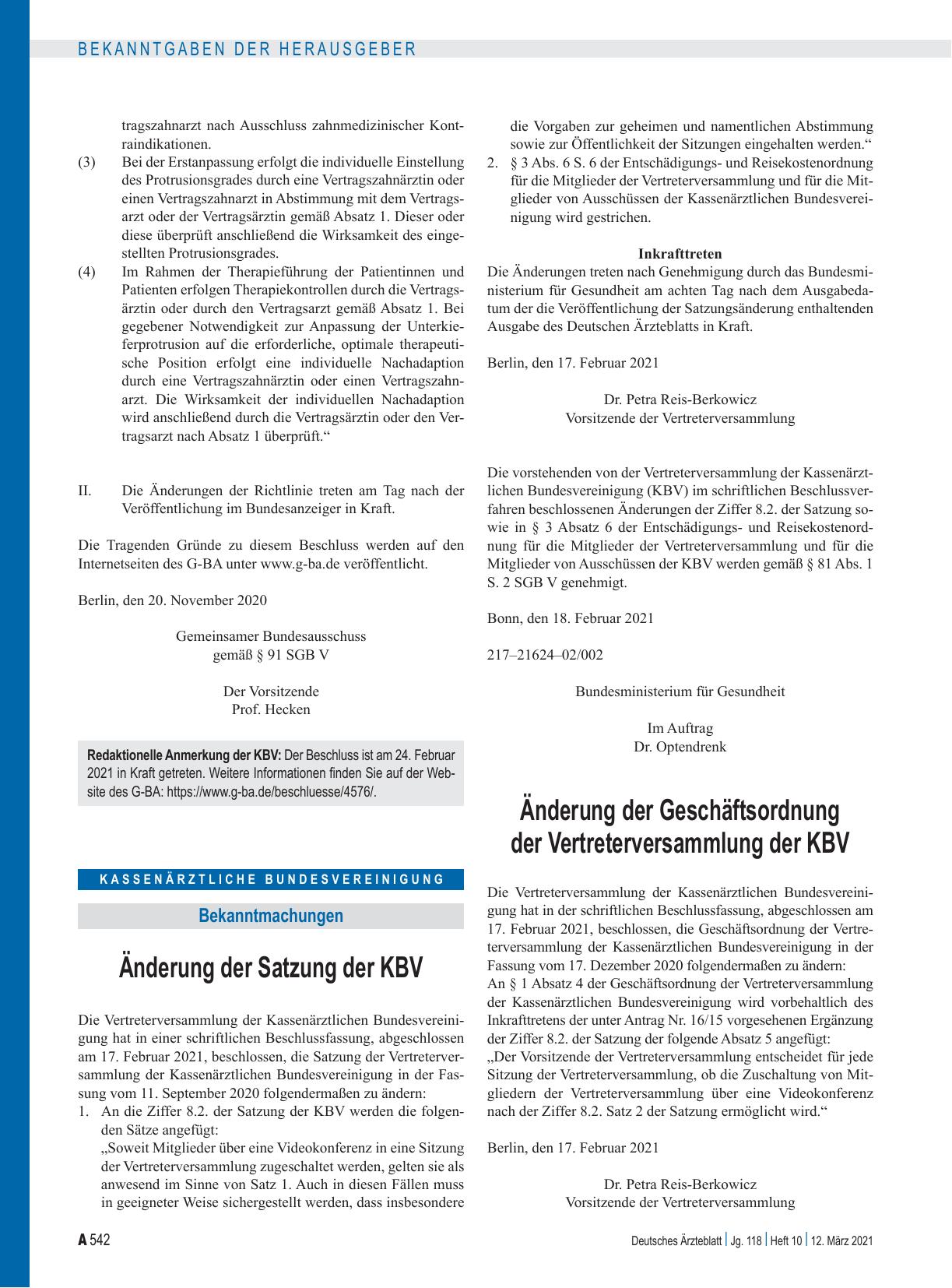 Vorschauseite 1: Änderung der Satzung der KBV: Änderung der Geschäftsordnung der Vertreterversammlung der KBV