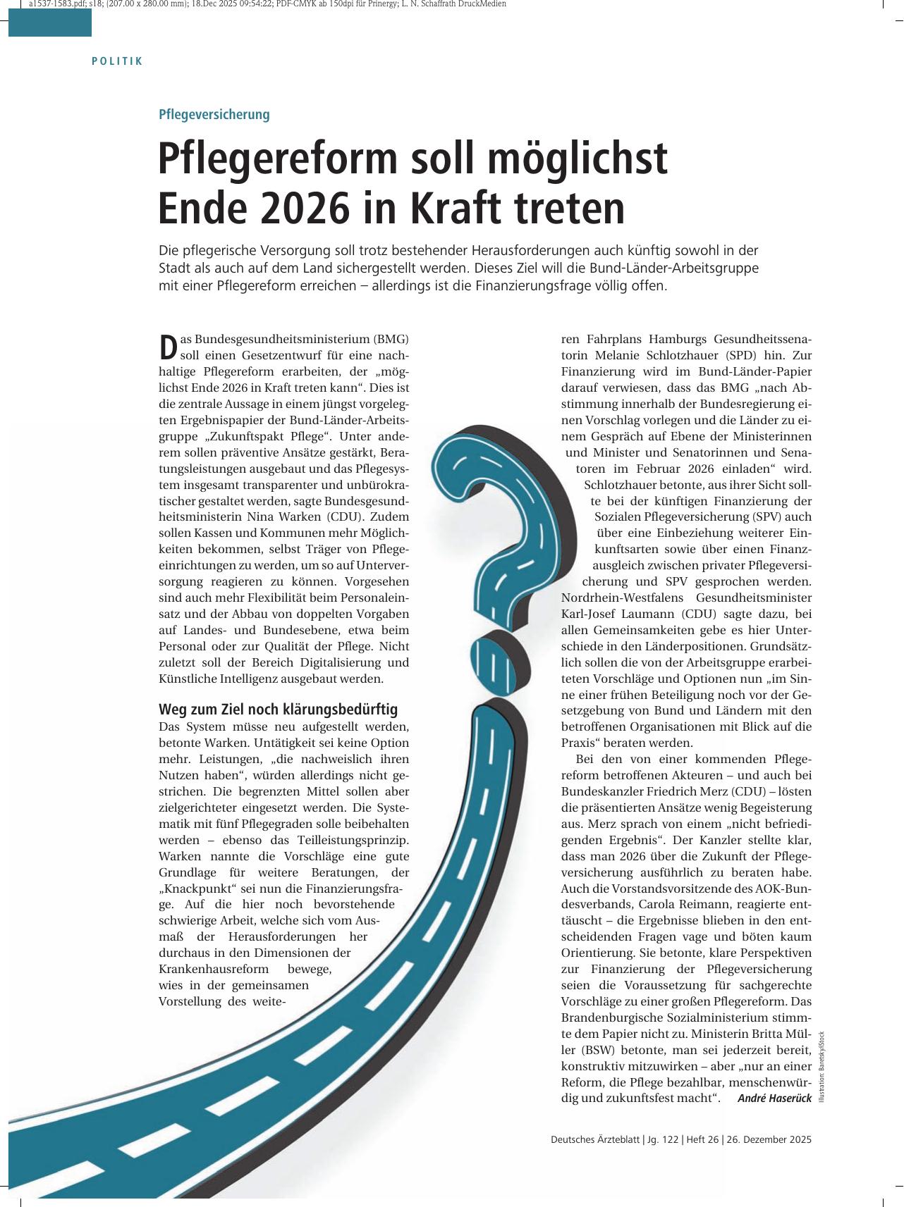 Vorschauseite 1: Pflegeversicherung: Pflegereform soll möglichst Ende 2026 in Kraft treten
