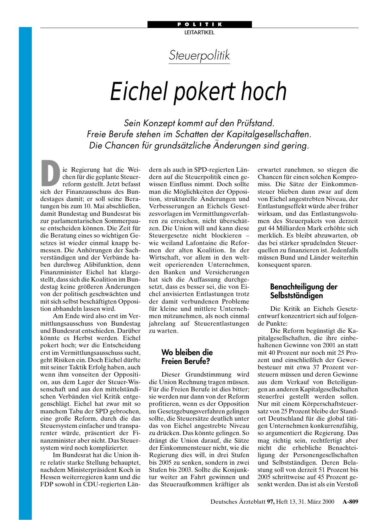 Vorschauseite 1: Steuerpolitik: Eichel pokert hoch