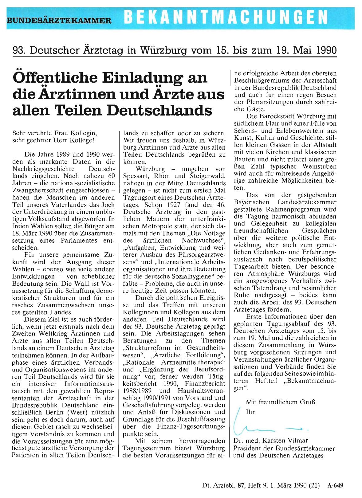 Vorschauseite 1: 93. Deutscher Ärztetag in Würzburg vom 15. bis zum 19. Mai 1990: Öffentliche Einladung an die Ärztinnen und Ärzte aus allen Teilen Deutschlands