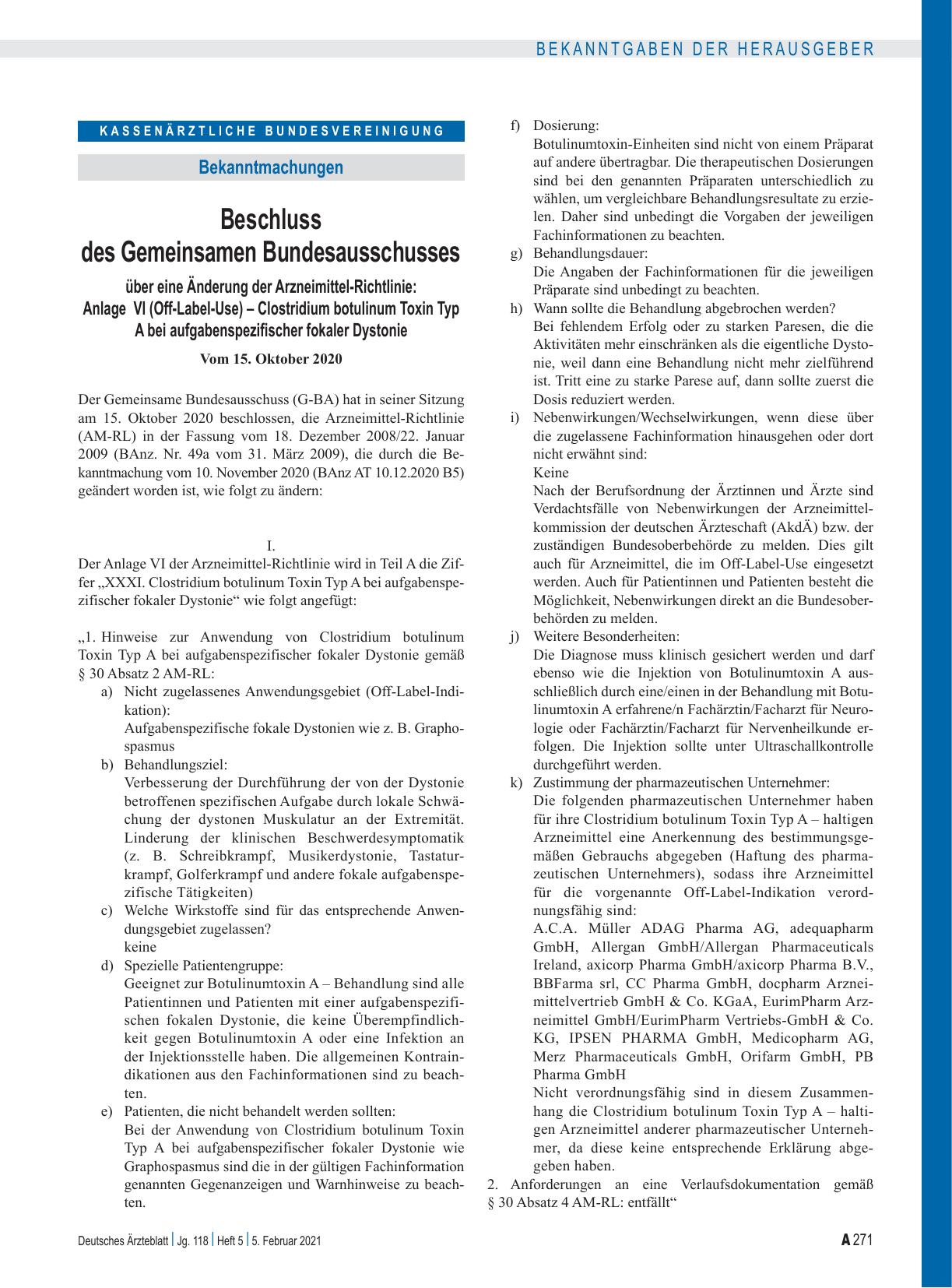 Vorschauseite 1: Beschluss des Gemeinsamen Bundesausschusses über eine Änderung der Arzneimittel-Richtlinie: Anlage VI (Off-Label-Use) – Clostridium botulinum Toxin Typ A bei aufgabenspezifischer…
