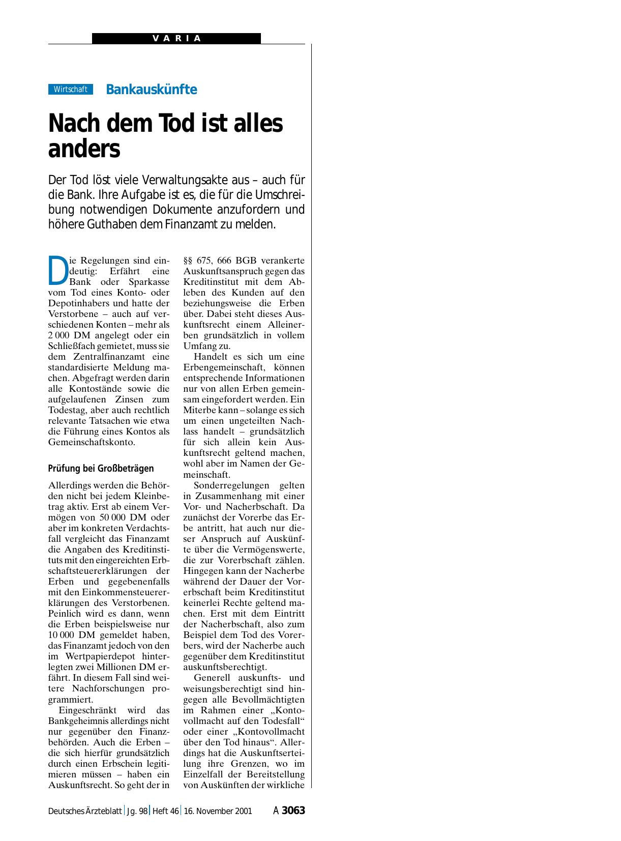 Vorschauseite 1: Bankauskünfte: Nach dem Tod ist alles anders