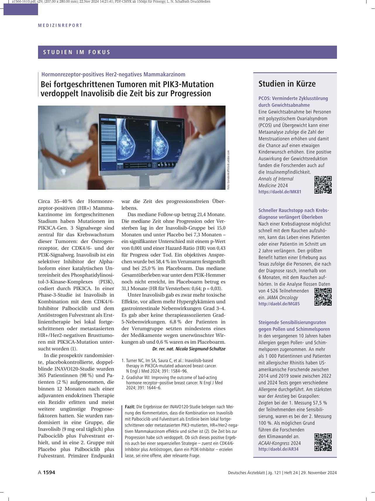 Vorschauseite 1: Hormonrezeptor-positives Her2-negatives Mammakarzinom: Bei fortgeschrittenen Tumoren mit PIK3-Mutation verdoppelt Idelalisib die Zeit bis zur Progression.