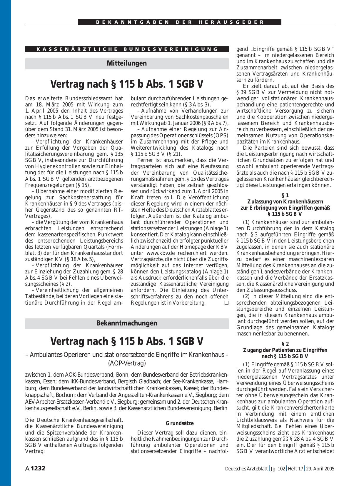 Vorschauseite 1: Bekanntmachungen: Vertrag nach § 115 b Abs. 1 SGB V