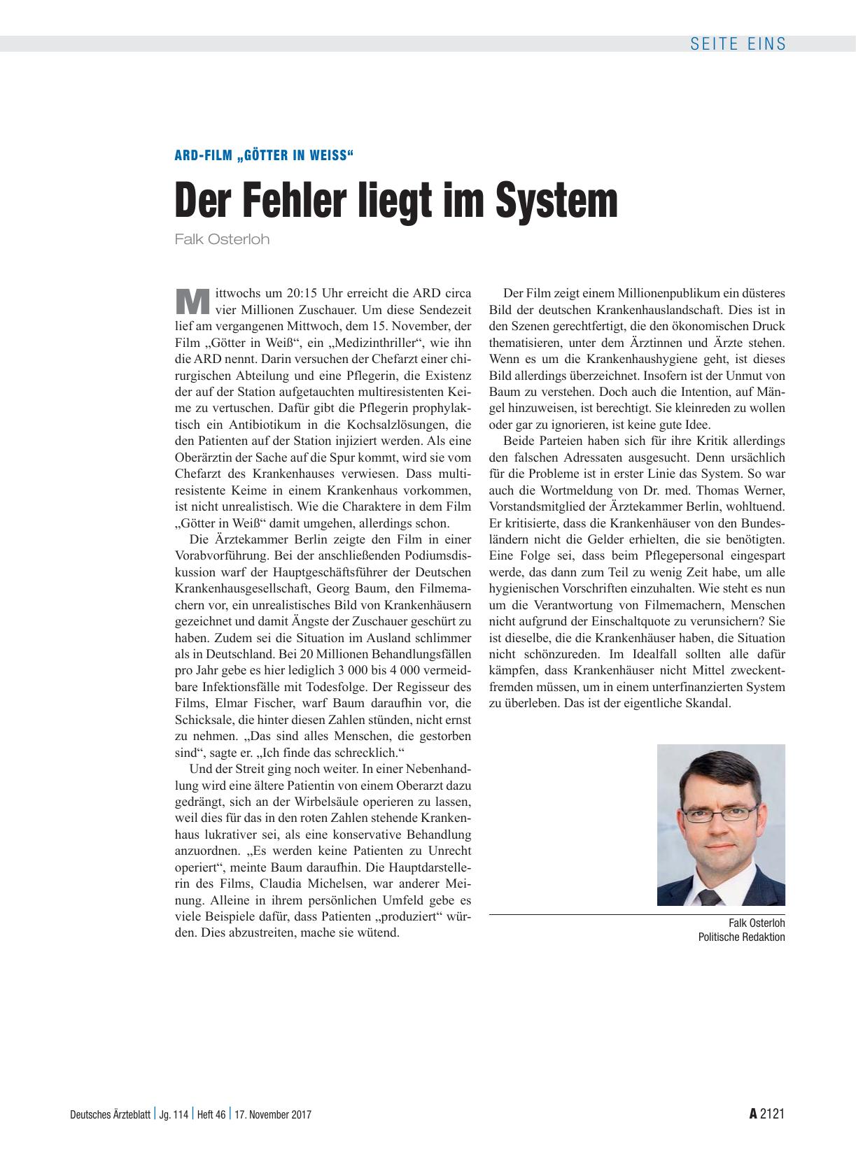 Vorschauseite 1: ARD-Film „Götter in Weiß“: Der Fehler liegt im System