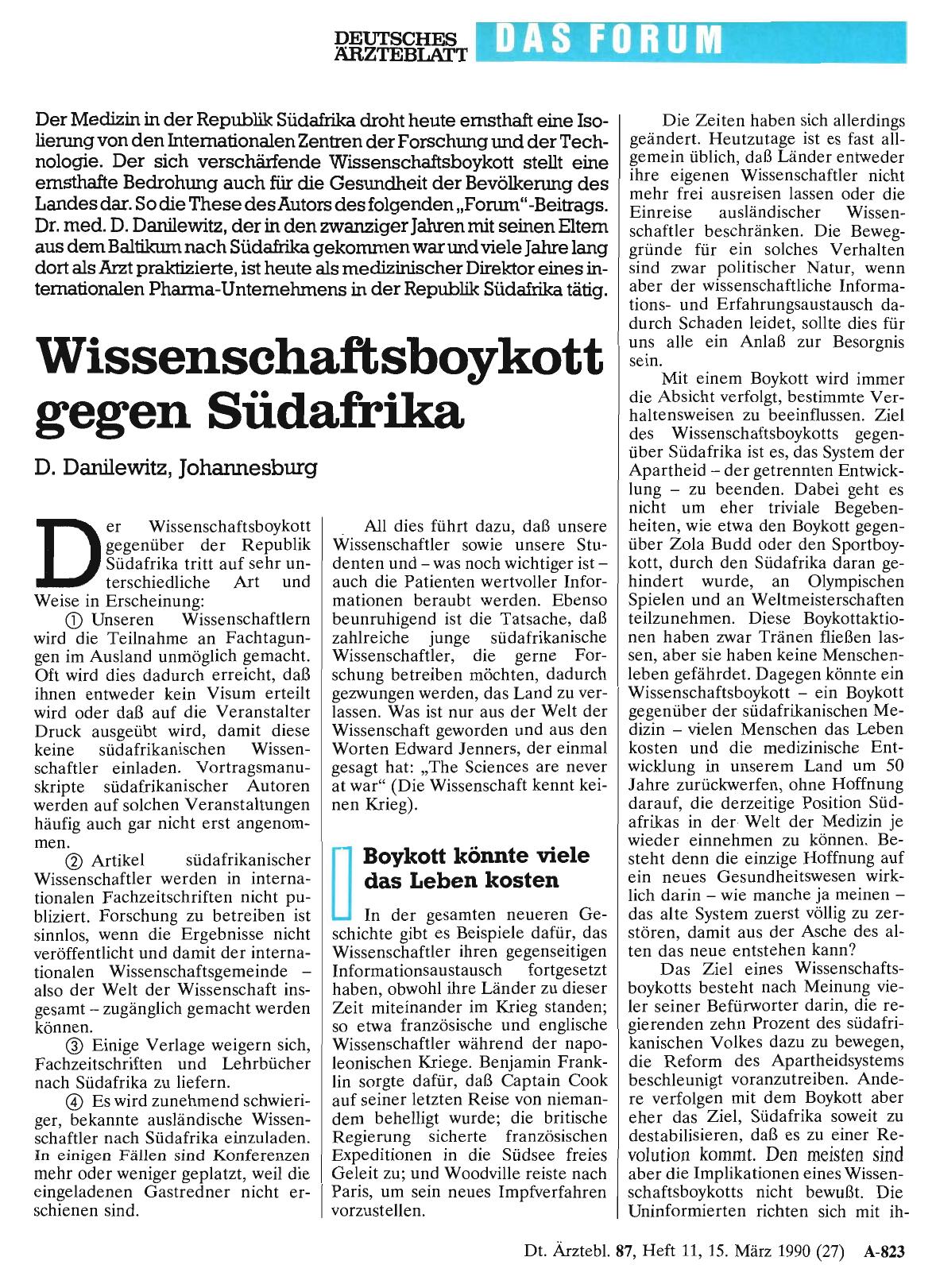 Vorschauseite 1: Wissenschaftsboykott gegen Südafrika