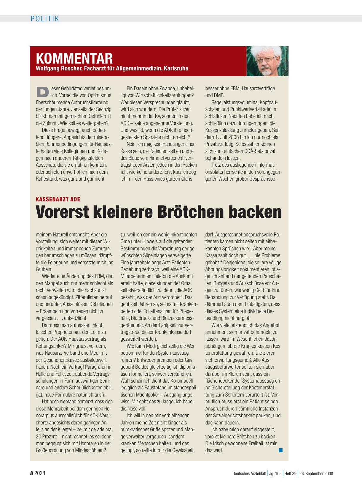 Vorschauseite 1: Kassenarzt ade: Vorerst kleinere Brötchen backen
