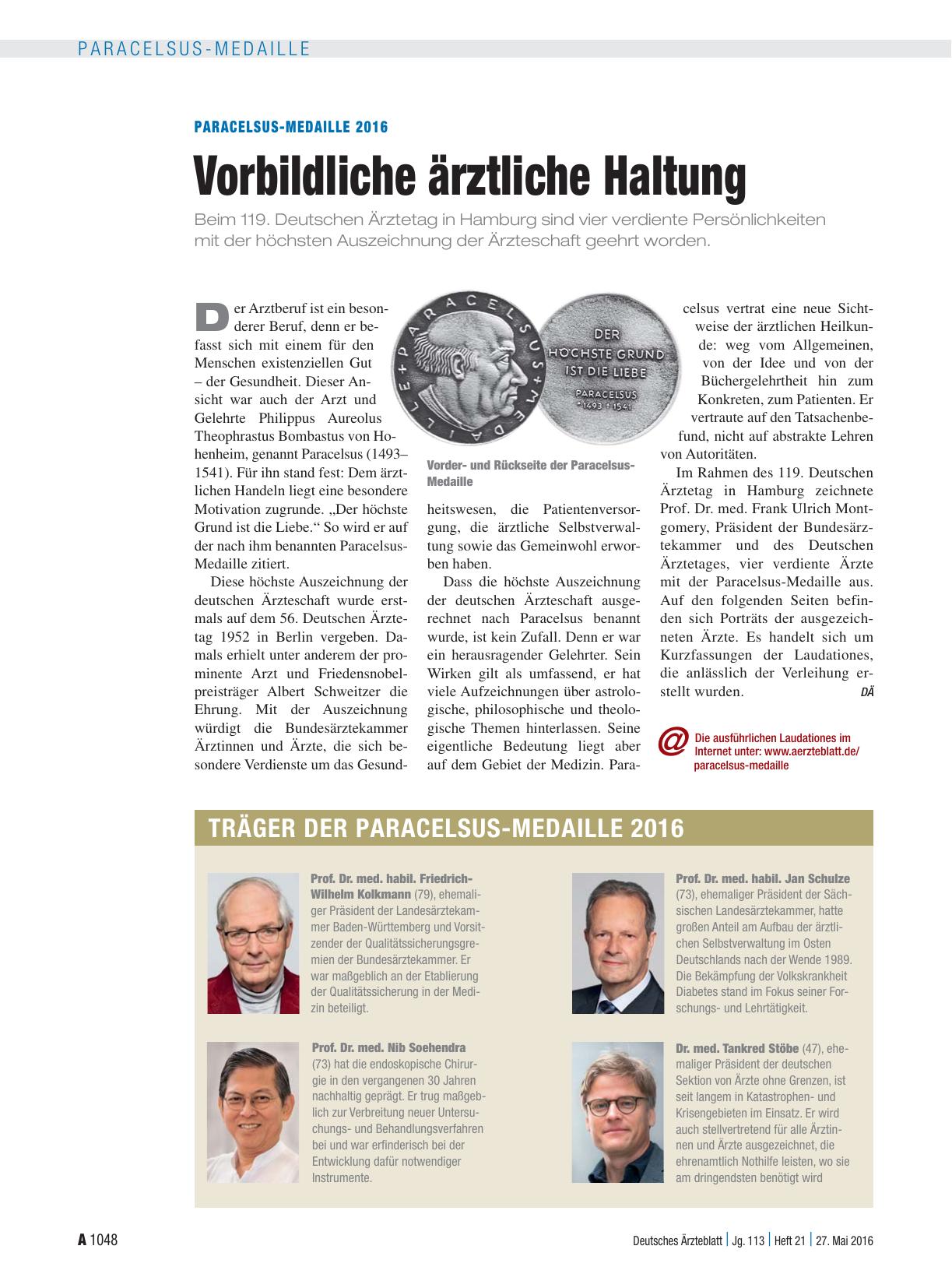 Vorschauseite 1: Paracelsus-Medaille 2016: Vorbildliche ärztliche Haltung