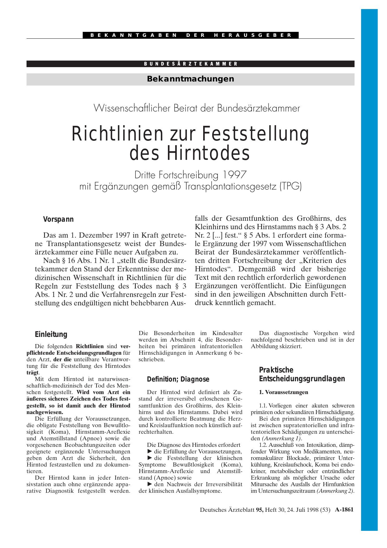 Vorschauseite 1: Wissenschaftlicher Beirat der Bundesärztekammer: Richtlinien zur Feststellung des Hirntodes