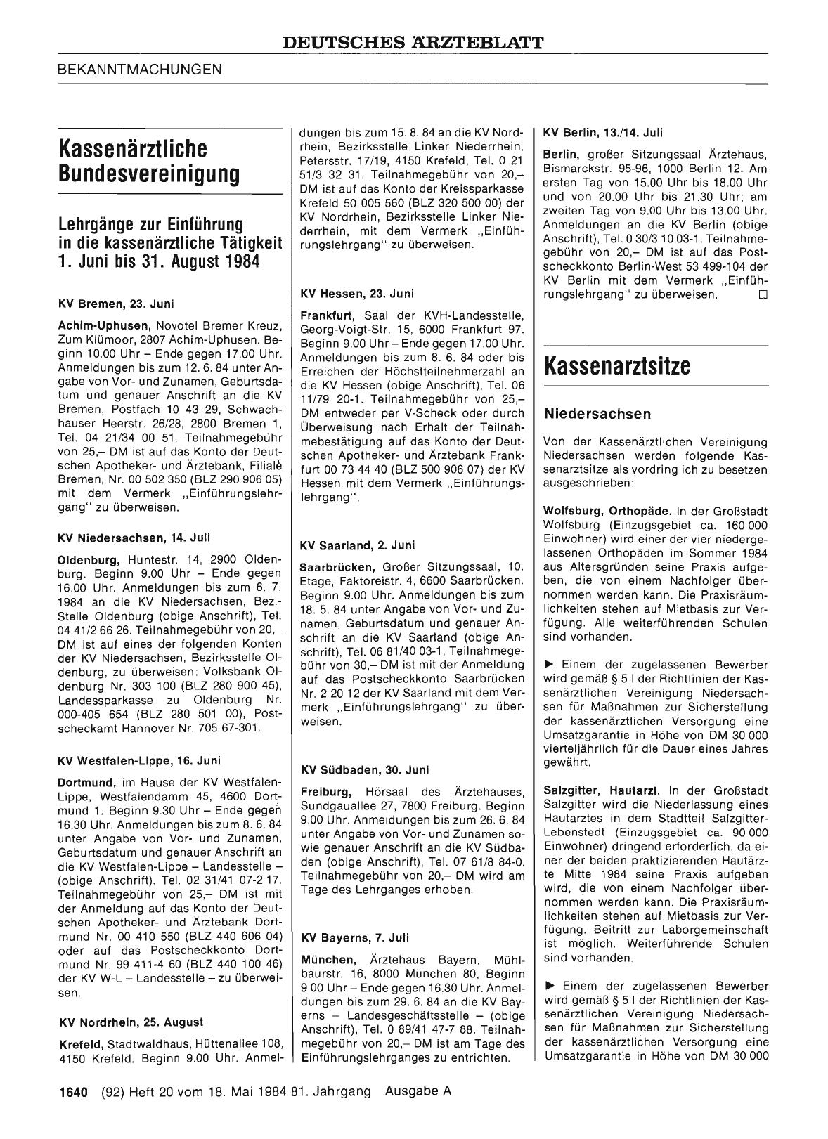 Vorschauseite 1: Lehrgänge zur Einführung in die kassenärztliche Tätigkeit 1. Juni bis 31. August 1984