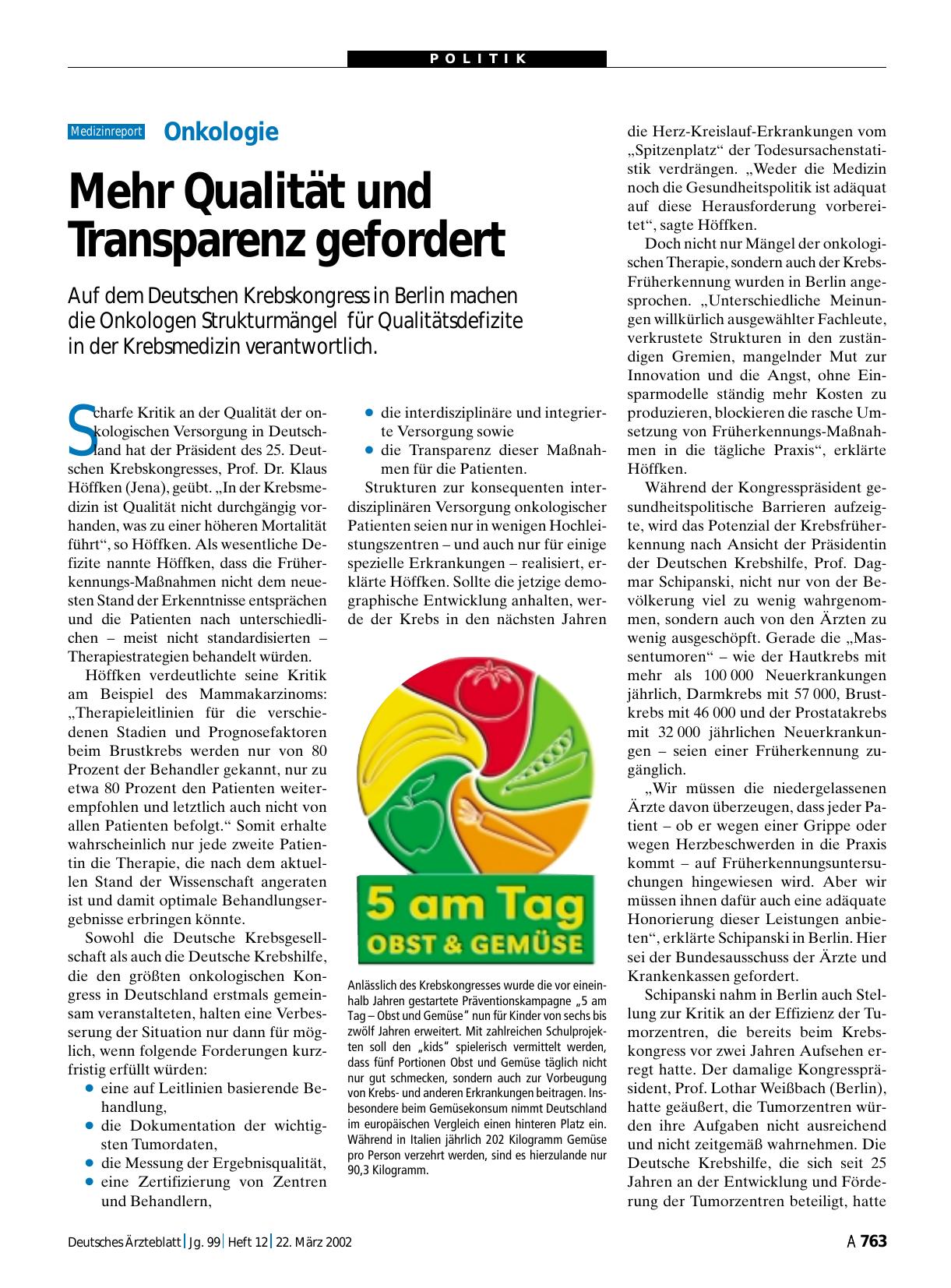 Vorschauseite 1: Onkologie: Mehr Qualität und Transparenz gefordert