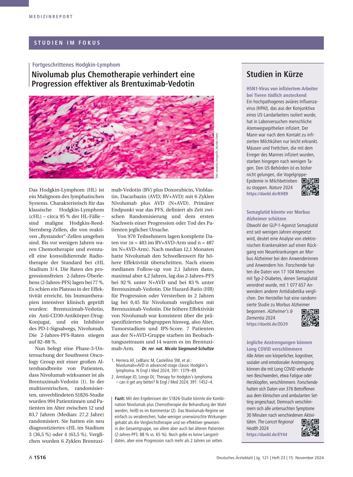 Vorschauseite 1: Fortgeschrittenes Hodgkin-Lymphom: Nivolumab plus Chemotherapie verhindert eine Progression effektiver als Brentuximab-Vedotin.