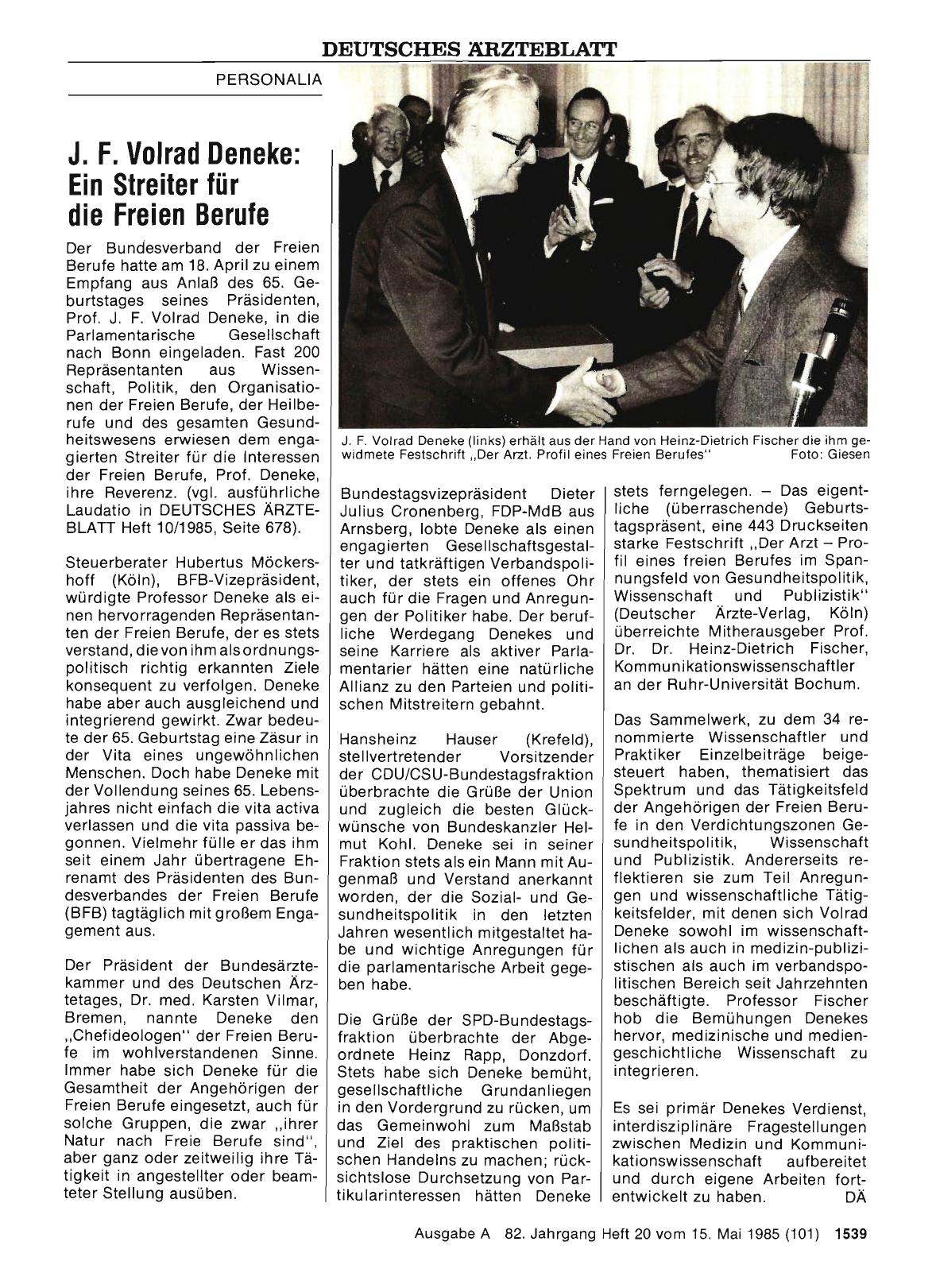 Vorschauseite 1: J. F. Volrad Deneke: Ein Streiter für die Freien Berufe