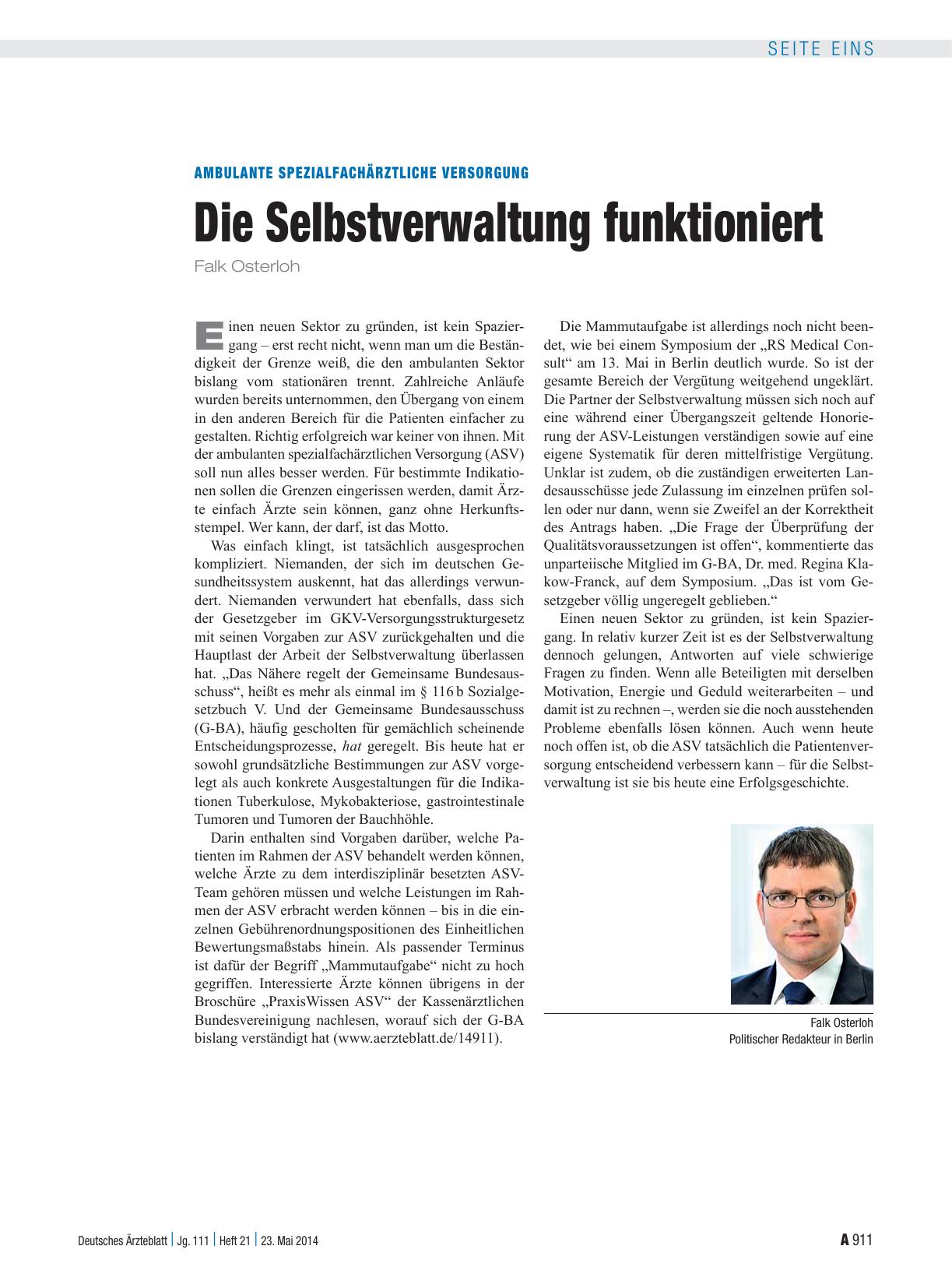 Vorschauseite 1: Ambulante Spezialfachärztliche Versorgung: Die Selbstverwaltung funktioniert