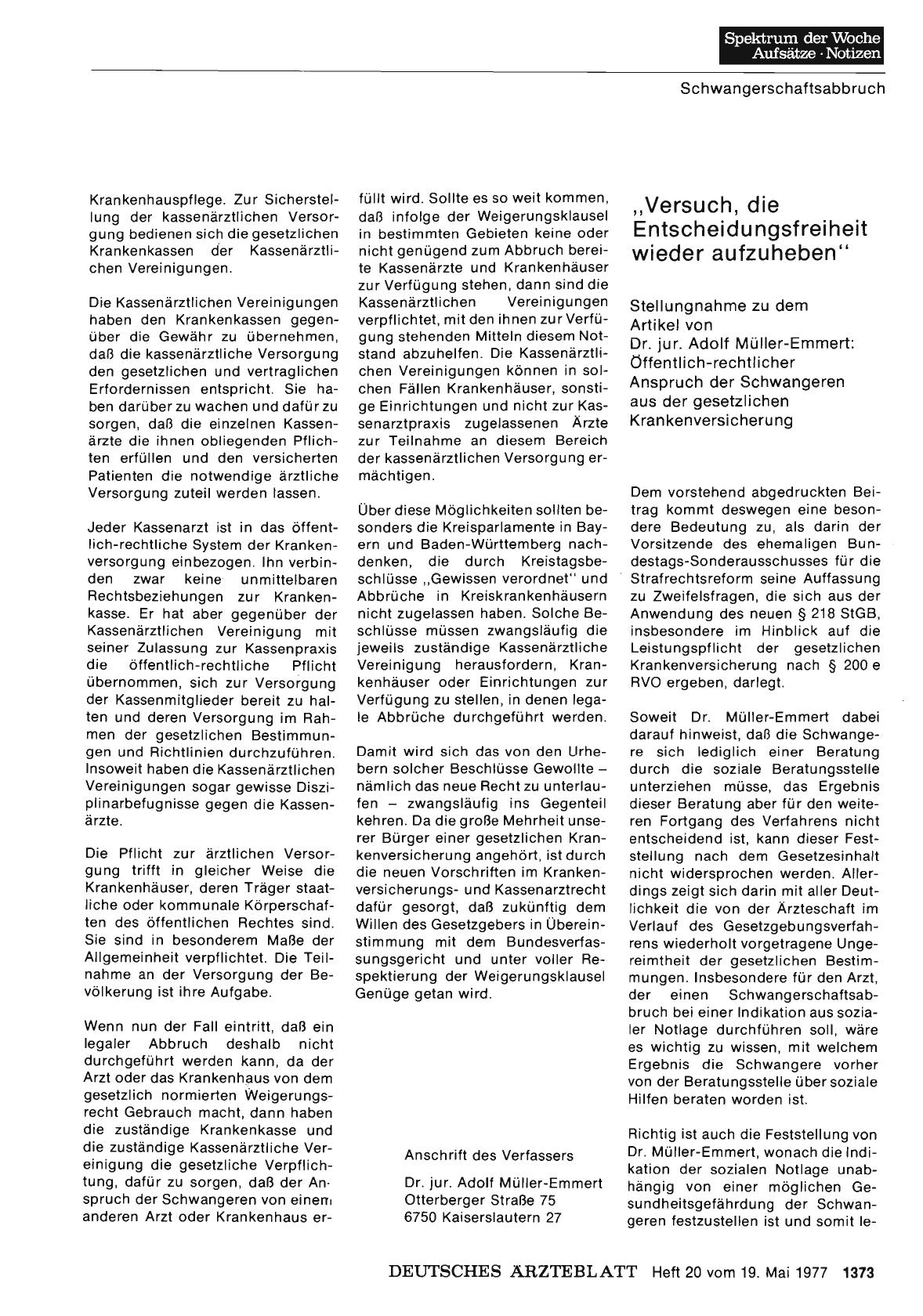 Vorschauseite 1: „Versuch, die Entscheidungsfreiheit wieder aufzuheben“: Stellungnahme zu dem Artikel von Dr. jur. Adolf Müller-Emmert: öffentlich-rechtlicher Anspruch der Schwangeren aus der gese…