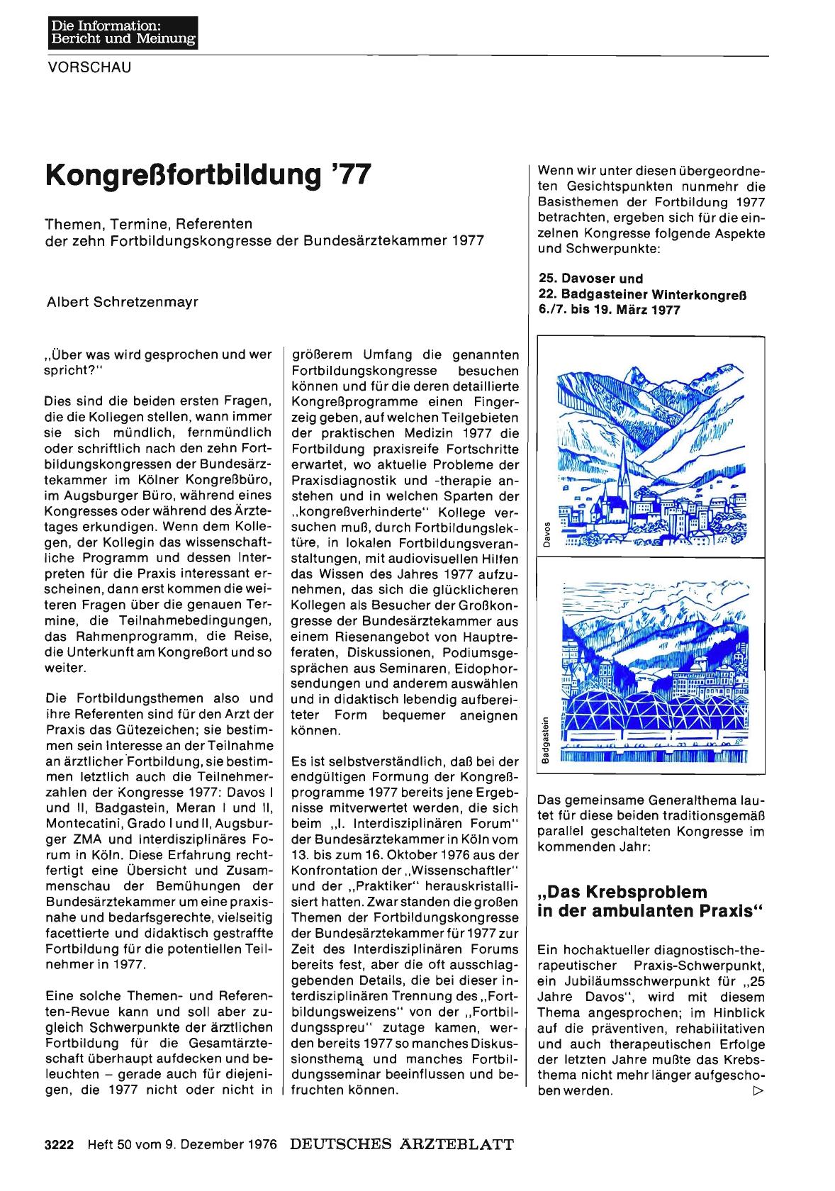 Vorschauseite 1: Kongreßfortbildung '77: Themen, Termine, Referenten der zehn Fortbildungskongresse der Bundesärztekammer 1977