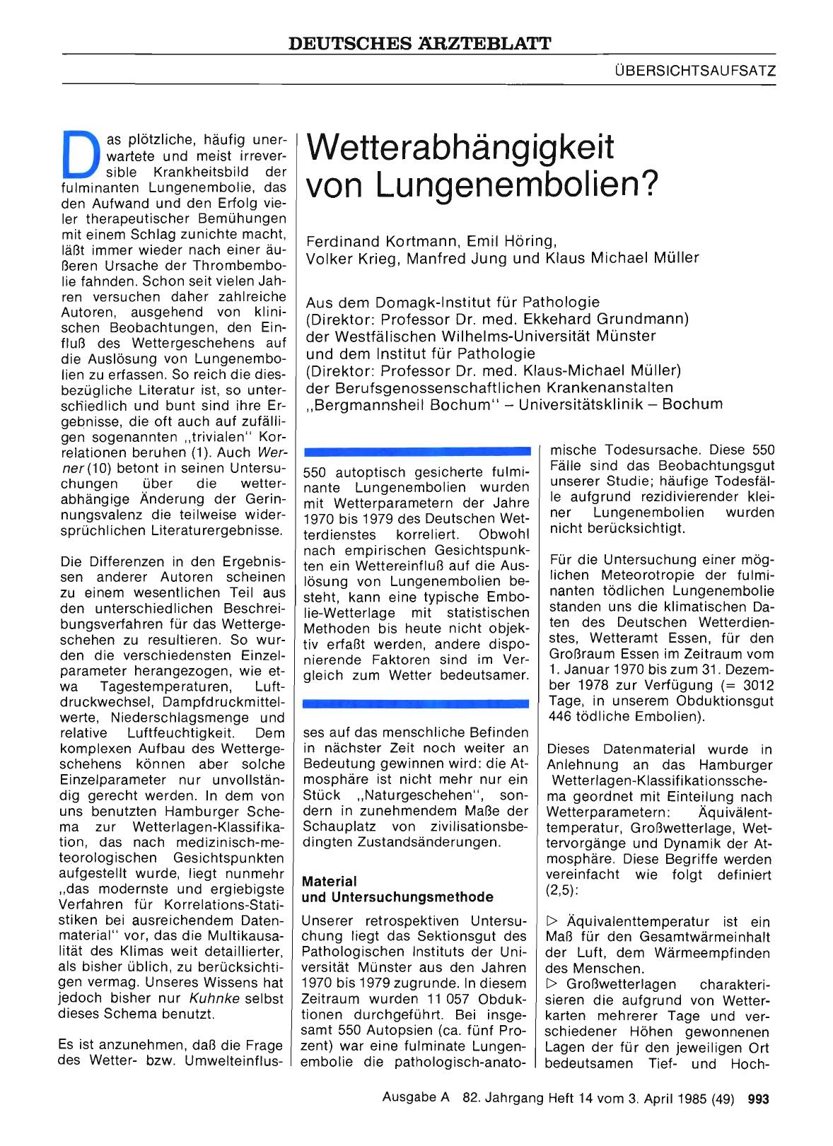 Vorschauseite 1: Wetterabhängigkeit von Lungenembolien?