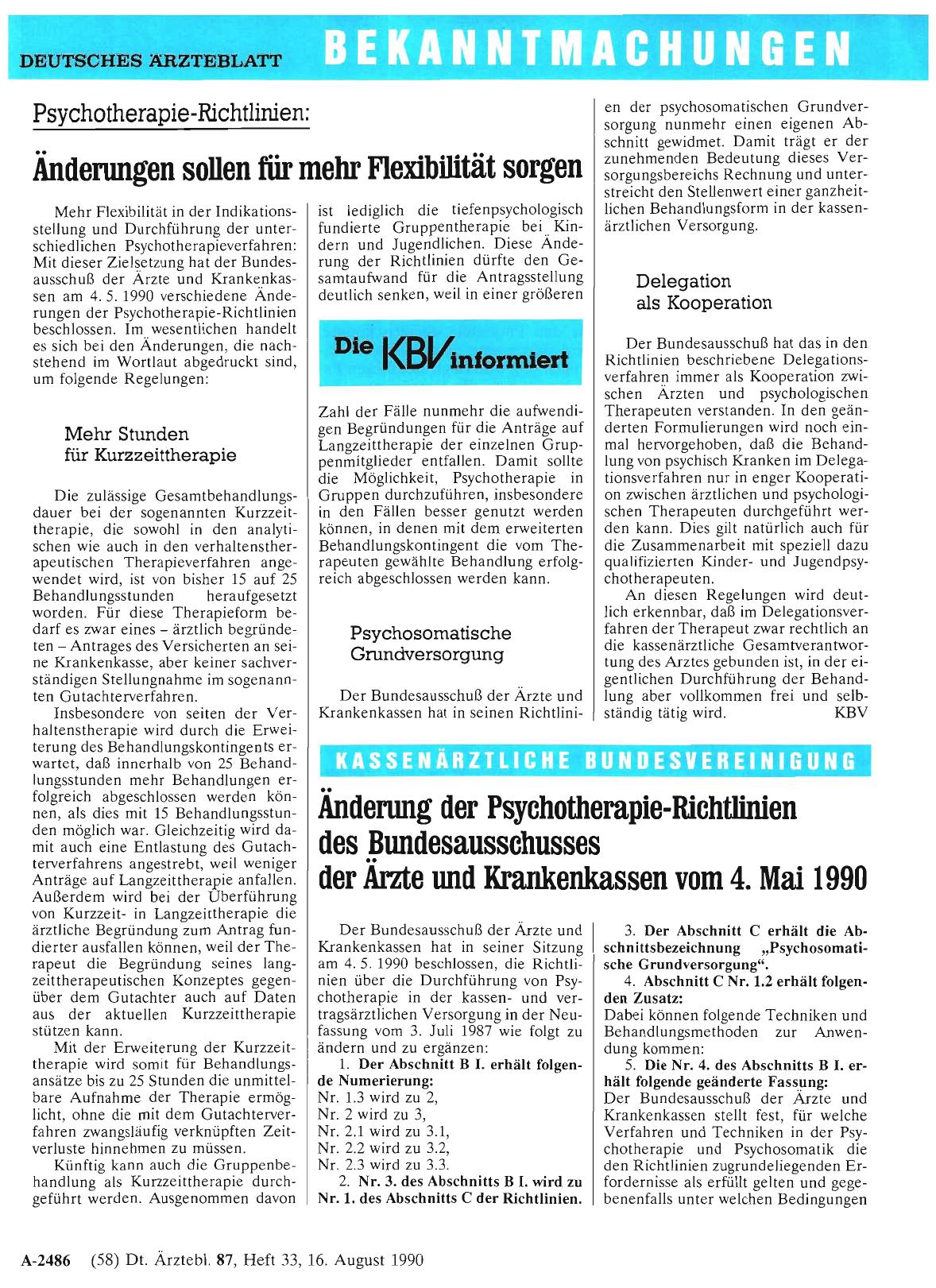 Vorschauseite 1: Änderung der Psychotherapie-Richtlinien des Bundesausschusses der Ärzte und Krankenkassen vom 4. Mai 1990
