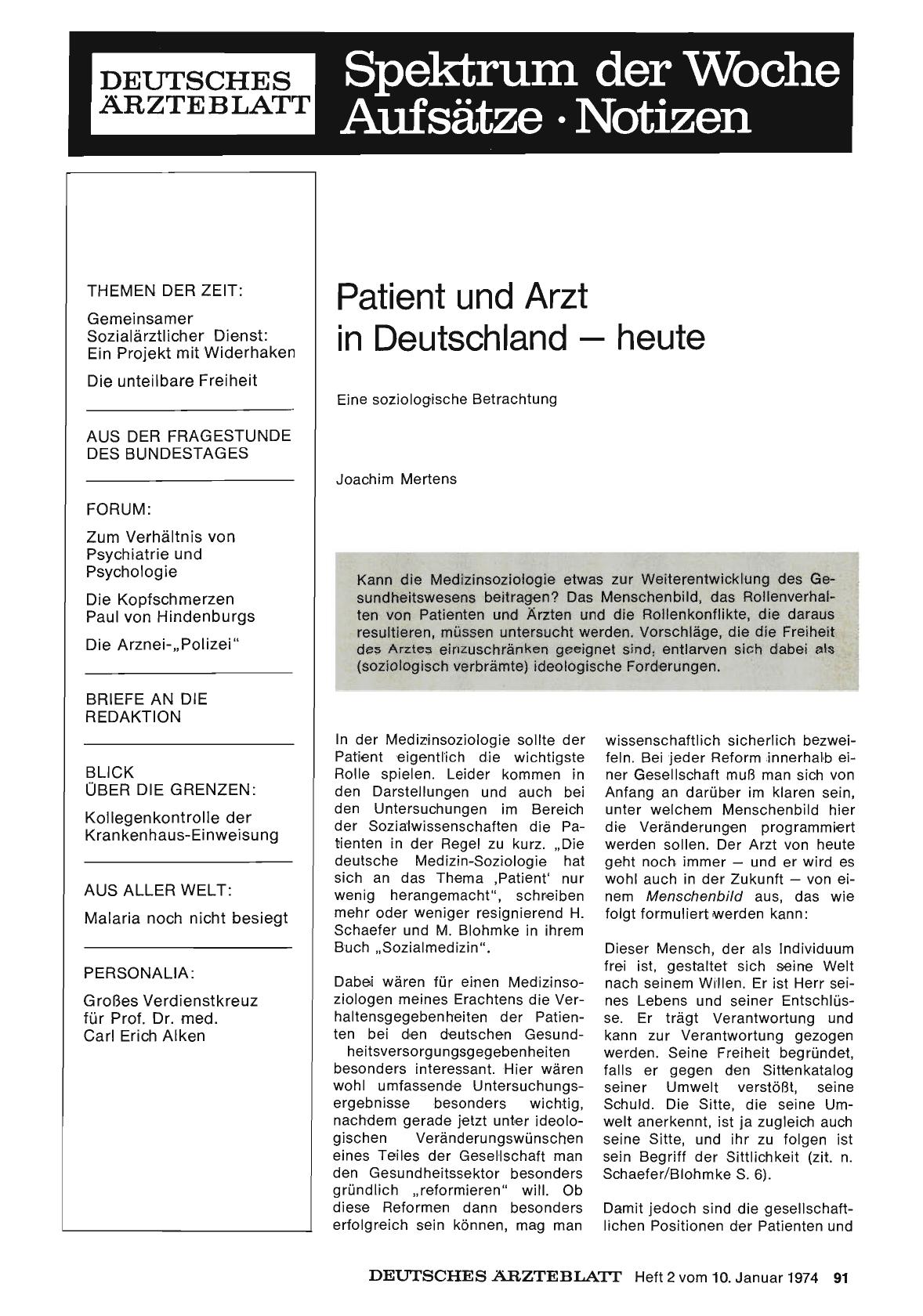 Vorschauseite 1: Patient und Arzt in Deutschland — heute: Eine soziologische Betrachtung