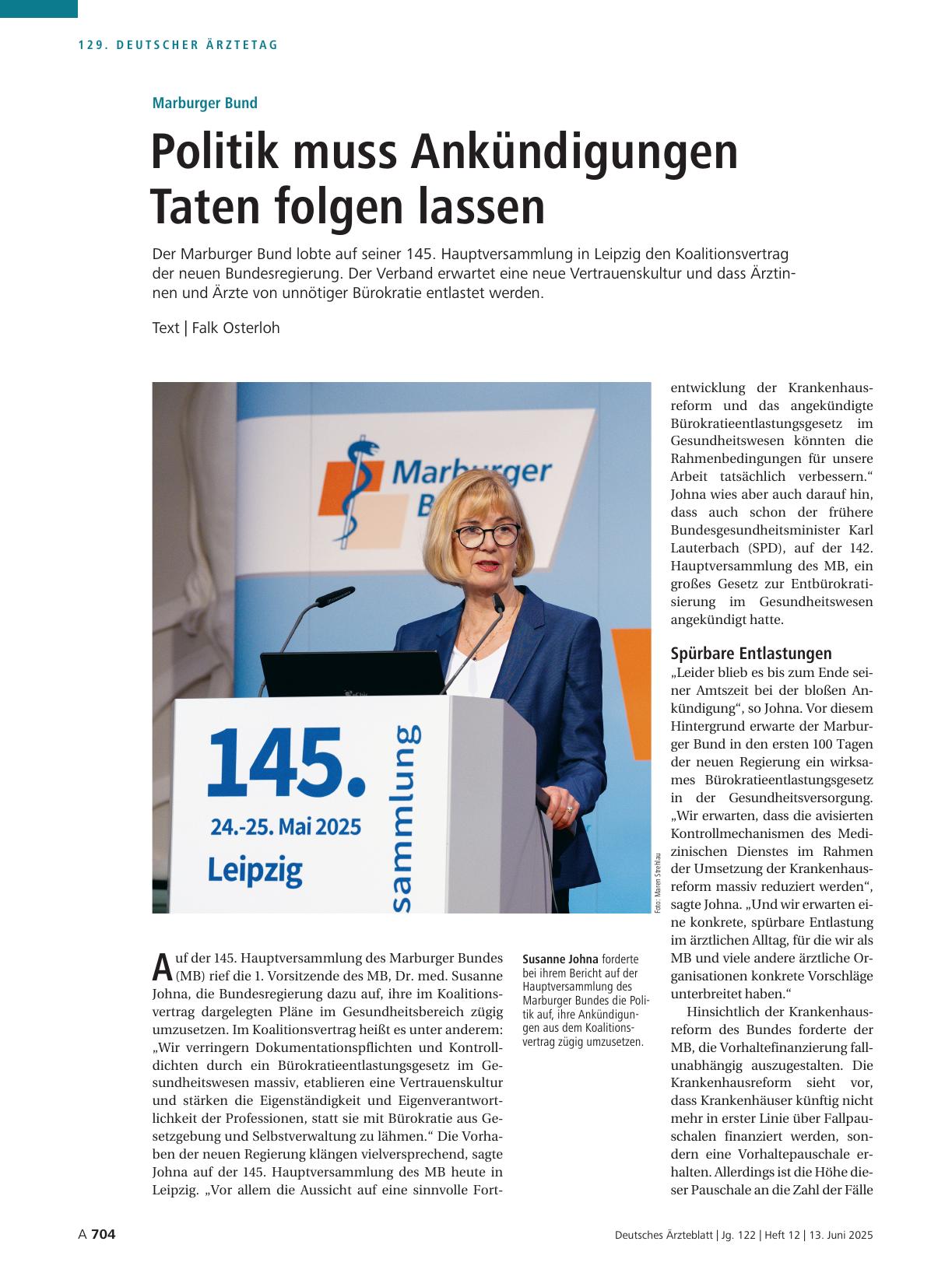 Vorschauseite 1: Marburger Bund: Politik muss Ankündigungen Taten folgen lassen