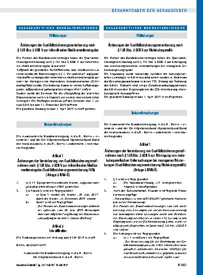 Vorschauseite 1: Änderungen der Qualitätssicherungsvereinbarung nach § 135 Abs. 2 SGB V zur intravitrealen Medikamenteneingabe: Artikel 1 und Artikel 2, Inkrafttreten