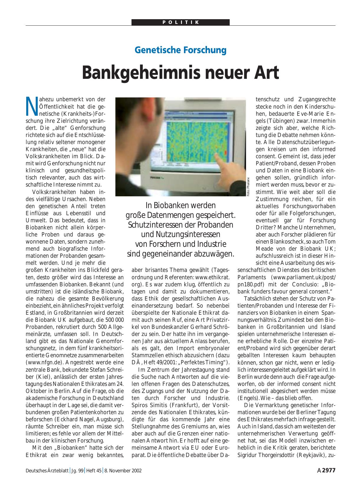 Vorschauseite 1: Genetische Forschung: Bankgeheimnis neuer Art