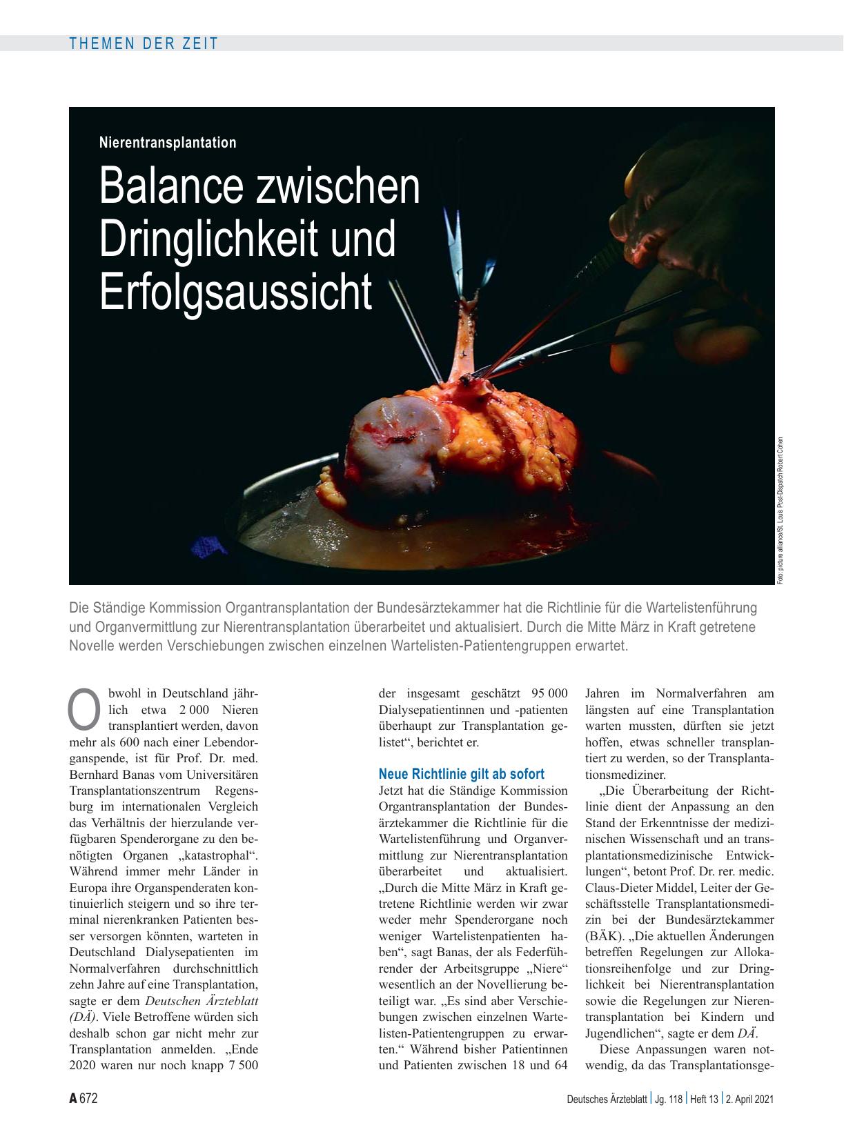 Vorschauseite 1: Nierentransplantation: Balance zwischen Dringlichkeit und Erfolgsaussicht