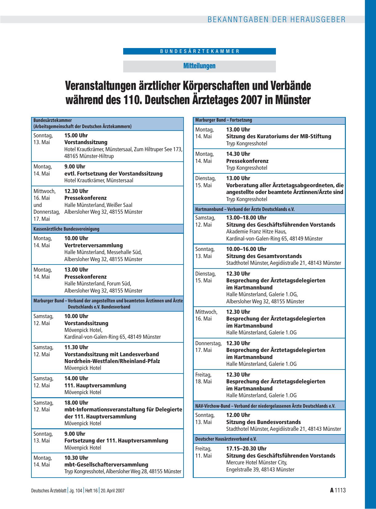 Vorschauseite 1: Mitteilungen: Veranstaltungen ärztlicher Körperschaften und Verbände während des 110. Deutschen Ärztetages 2007 in Münster