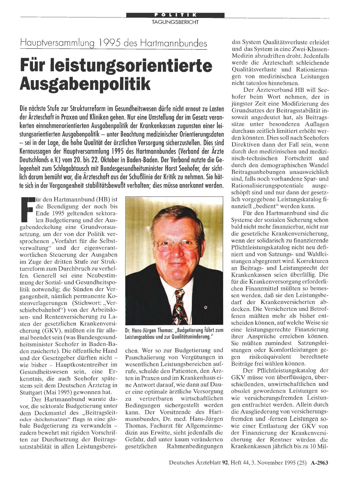 Vorschauseite 1: Hauptversammlung 1995 des Hartmannbundes: Für leistungsorientierte Ausgabenpolitik