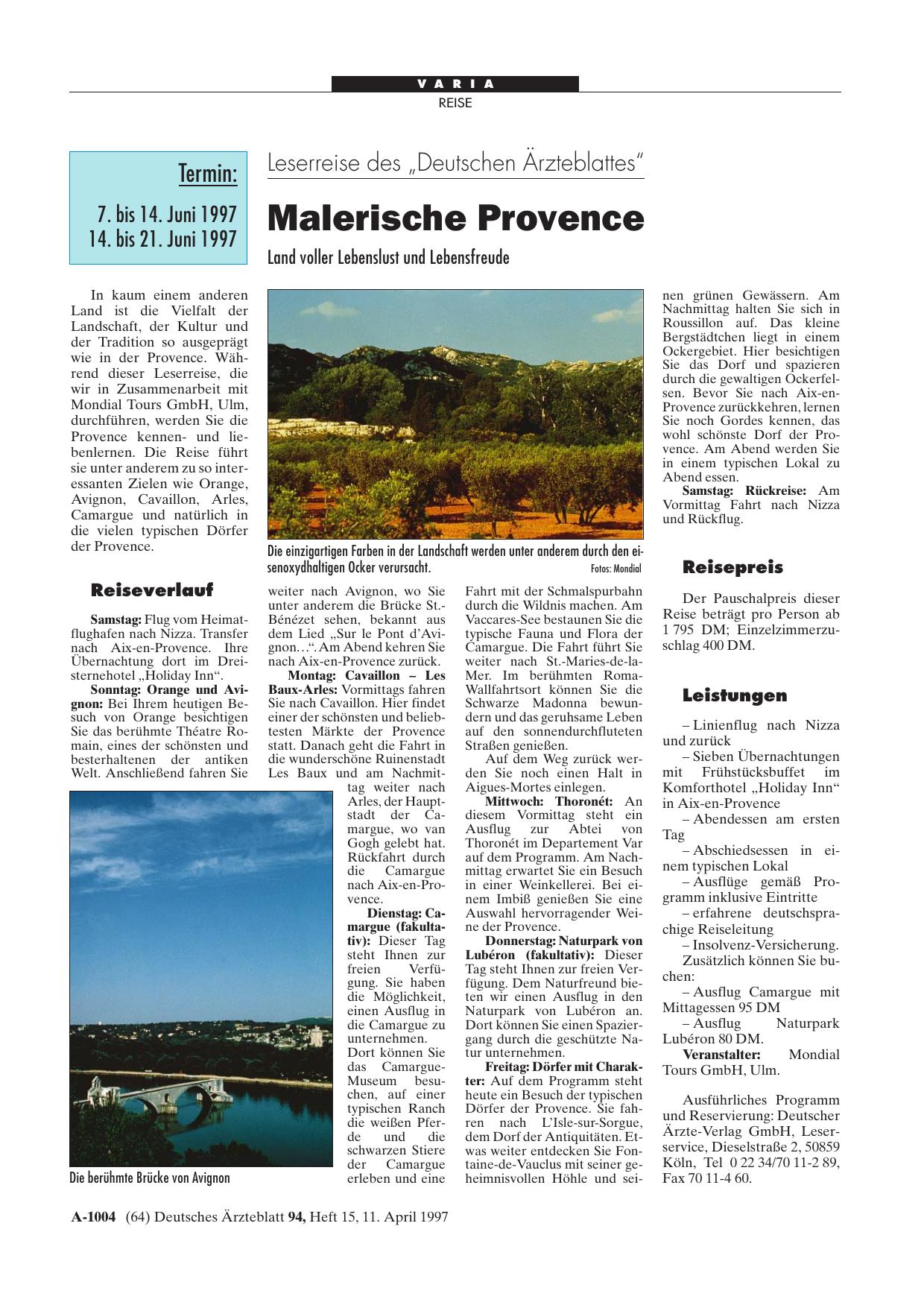 Vorschauseite 1: Leserreise des „Deutschen Ärzteblattes“: Malerische Provence Land voller Lebenslust und Lebensfreude